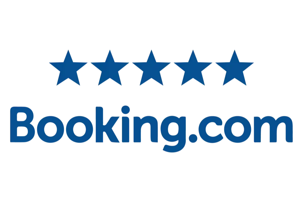 Booking.com logo with five blue stars and the website name in blue text.