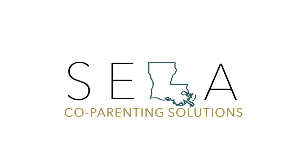 Logo for SEA Co-Parenting Solutions with the outline of Louisiana in place of the letter 'E'.