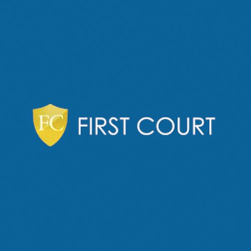 Blue background with a yellow shield logo containing the letters FC and the text 'FIRST COURT' next to it.
