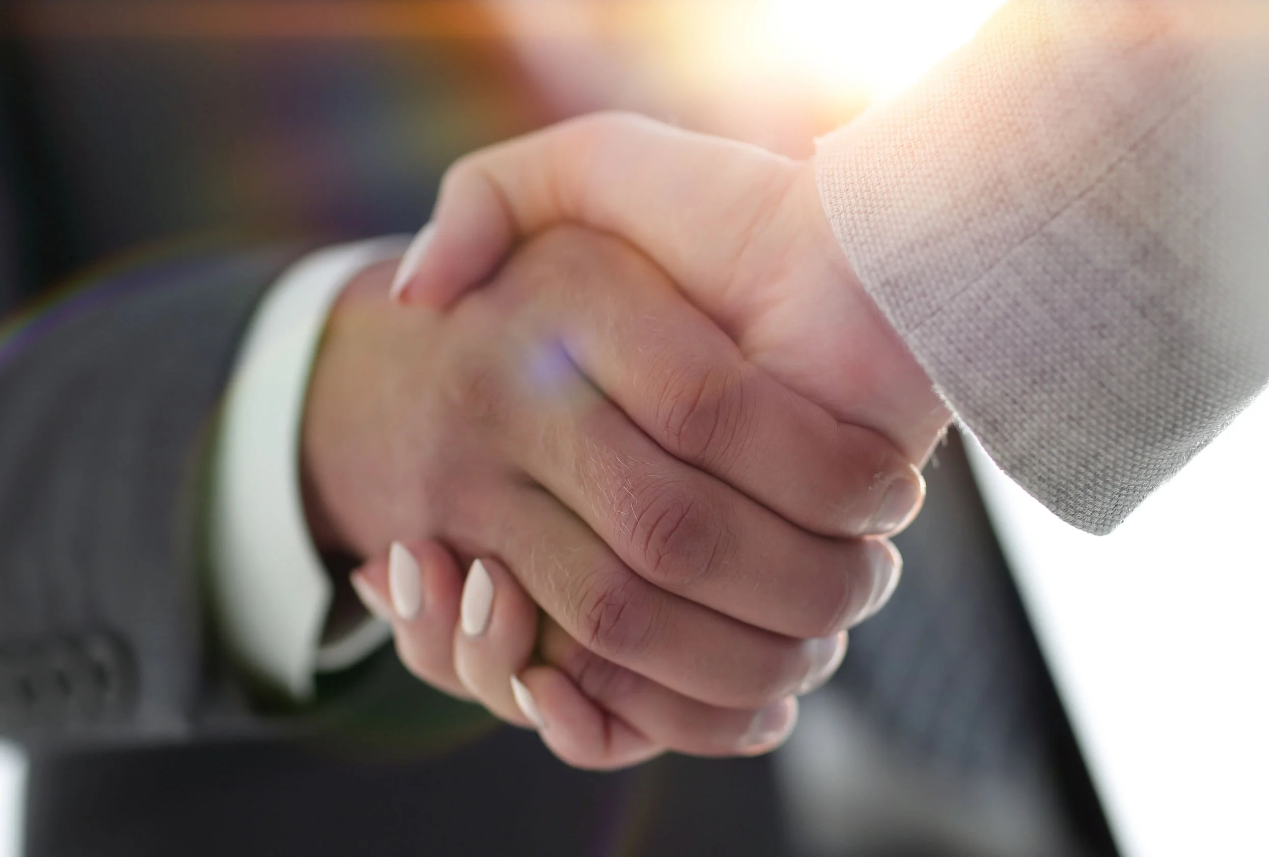 Close-up of two people shaking hands, one in a suit with a light-colored shirt and the other in a dark suit, sunlight in the background.