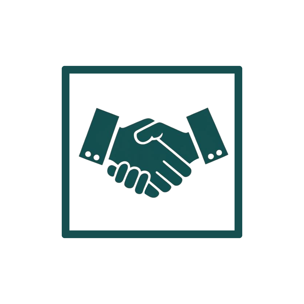 Icon of a handshake within a square, symbolizing agreement or partnership.