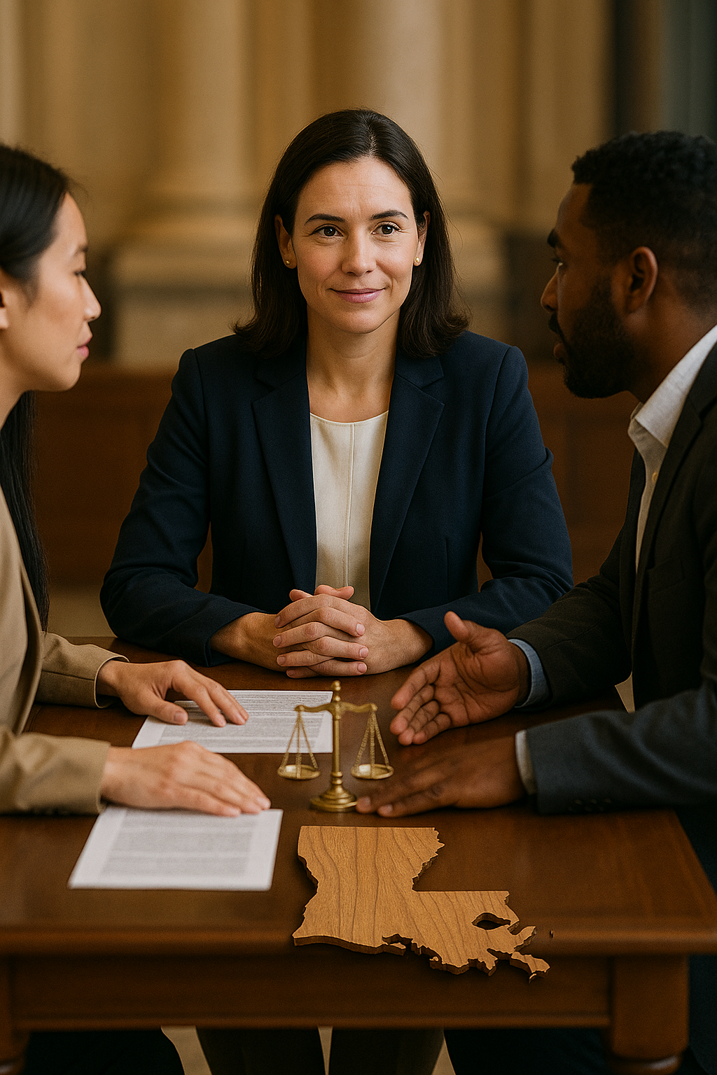 A woman in a dark blazer sitting at a table with two other professionals, engaging in a discussion. The table has a wooden outline of the state of Louisiana, a paper with writing, and a small bronze scale of justice.