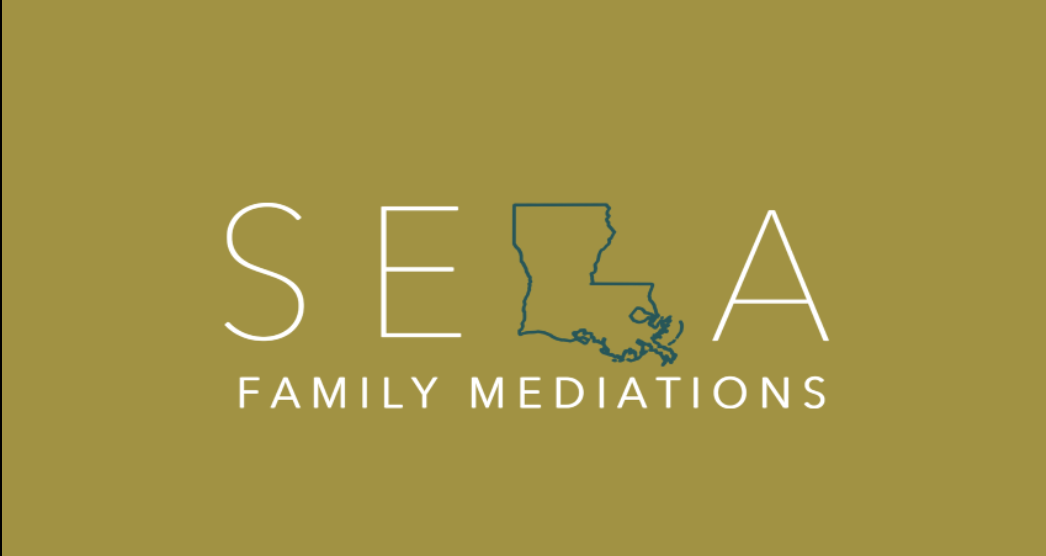 Logo for SE LA Family Mediations featuring the state of Louisiana outline and text on a gold background.