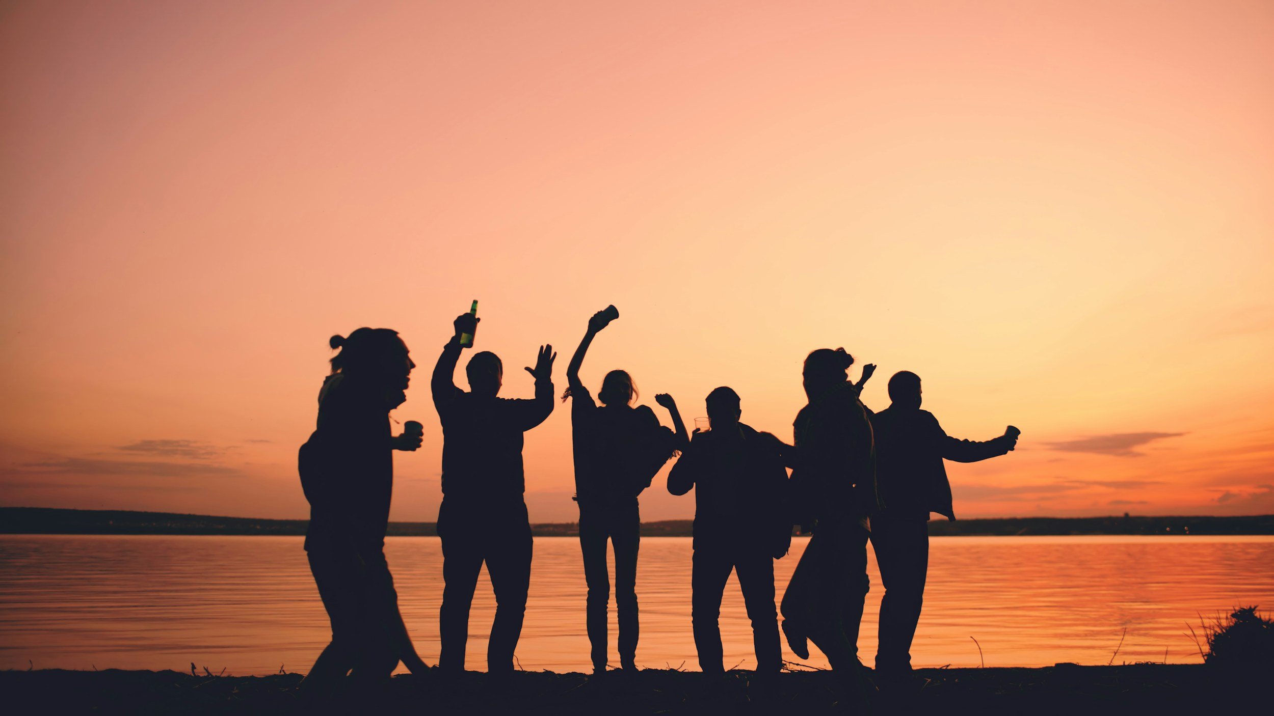 Silhouettes of a group of people enjoying a sunset by the water, some dancing, holding drinks, and raising their hands in celebration.