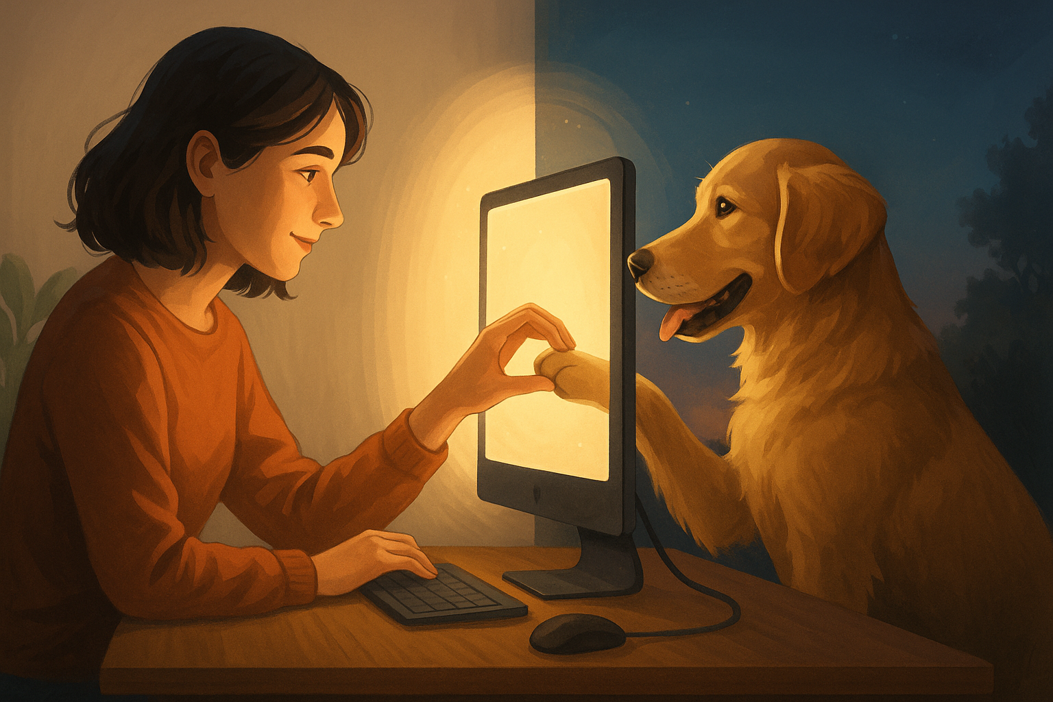 Une jeune femme et un chien Golden Retriever devant un ordinateur, semblant de se donner un high-five à travers l'écran, dans une ambiance chaleureuse et amicale.