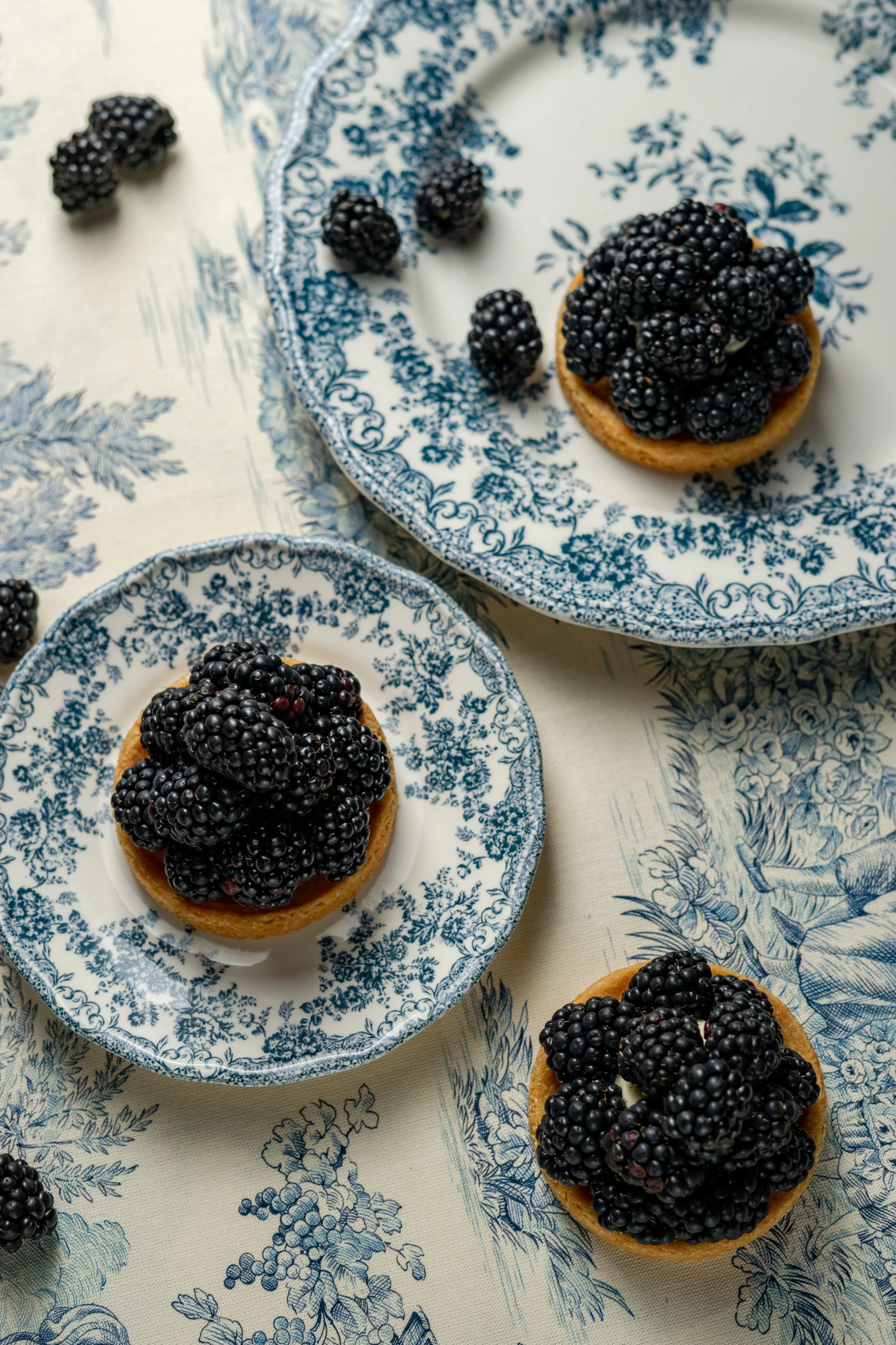 Tartelettes aux mûres sur des assiettes en porcelaine à motif floral bleu