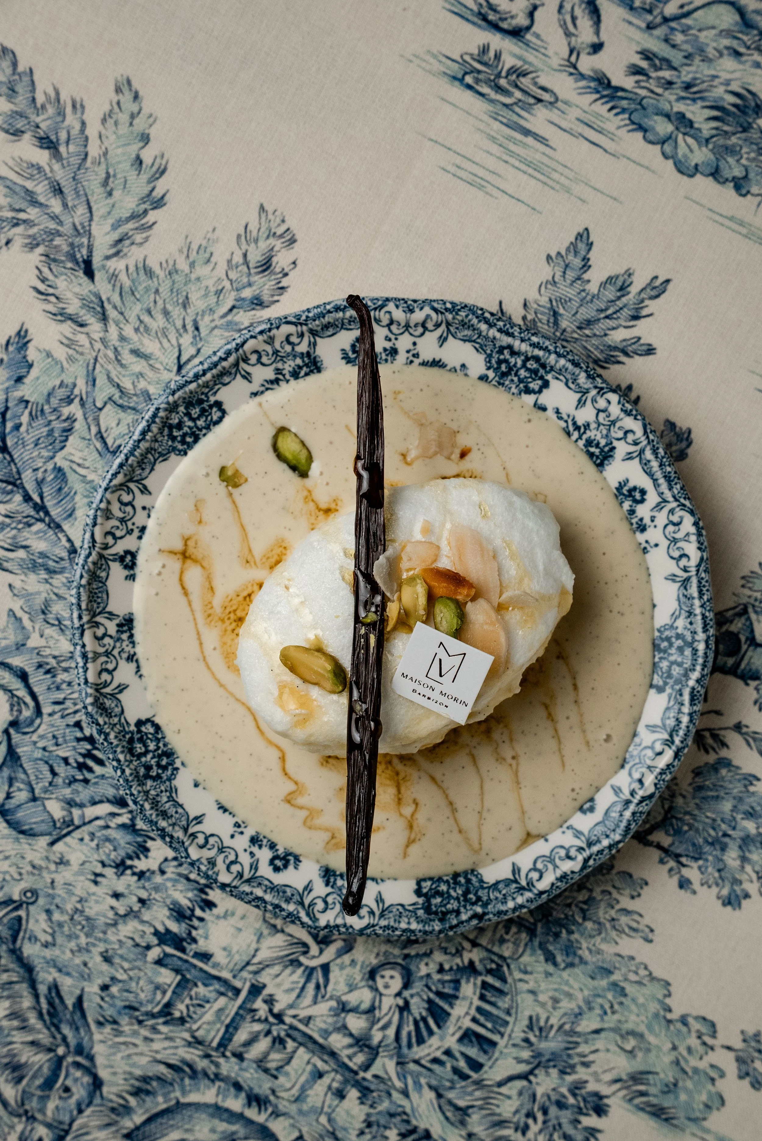 Dessert avec une boule de glace ou sorbet, garnie de pistaches et d'amandes, servi dans une assiette en porcelaine décorée, avec une fine branche de vanille ou chocolat sur le dessus, le tout sur un abat-jour en toile imprimée de scènes de nature.