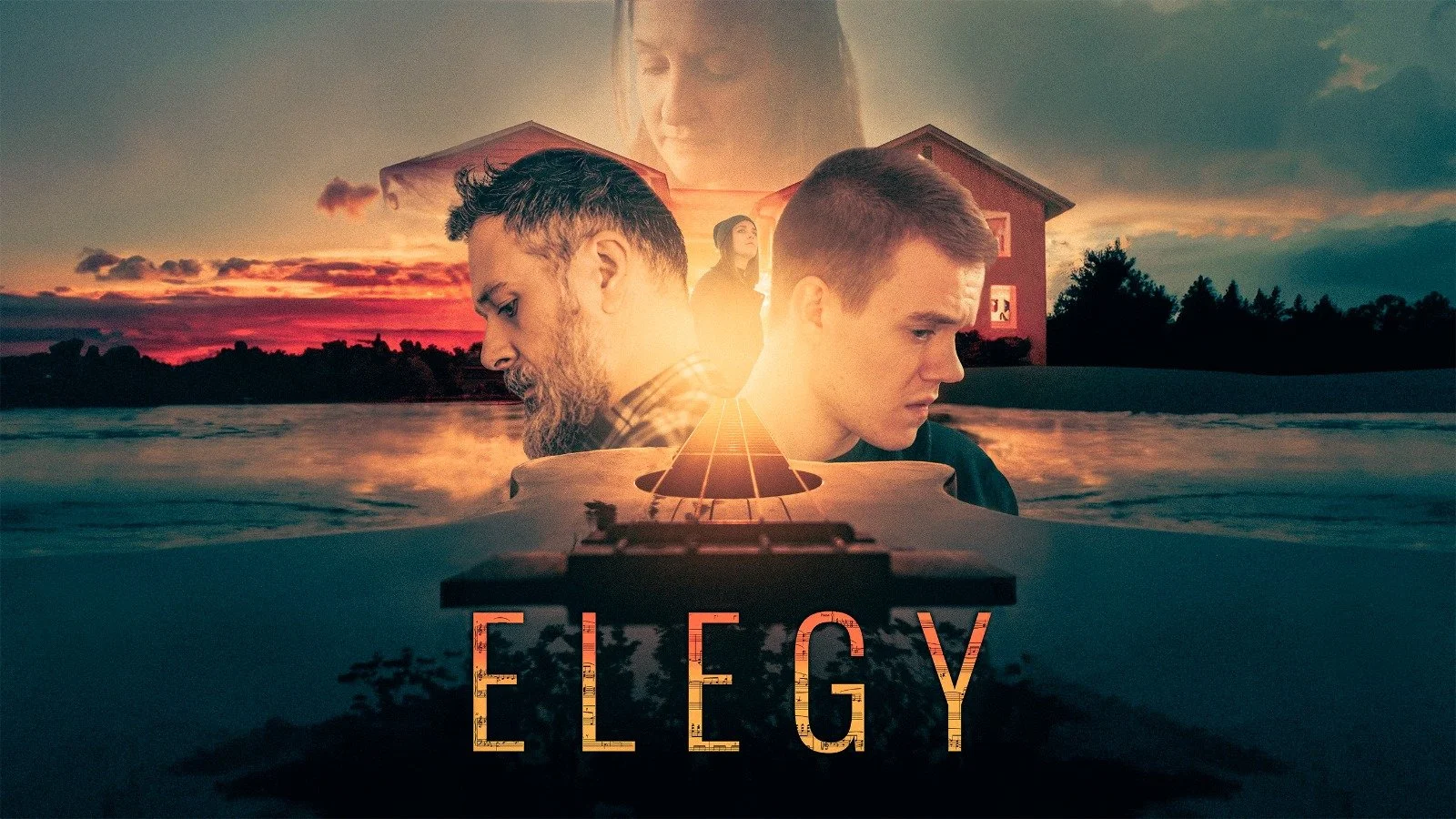 A promotional poster for the movie "Elegy" showing two young men and two older men in front of a sunset over water, with a woman and a house in the background.
