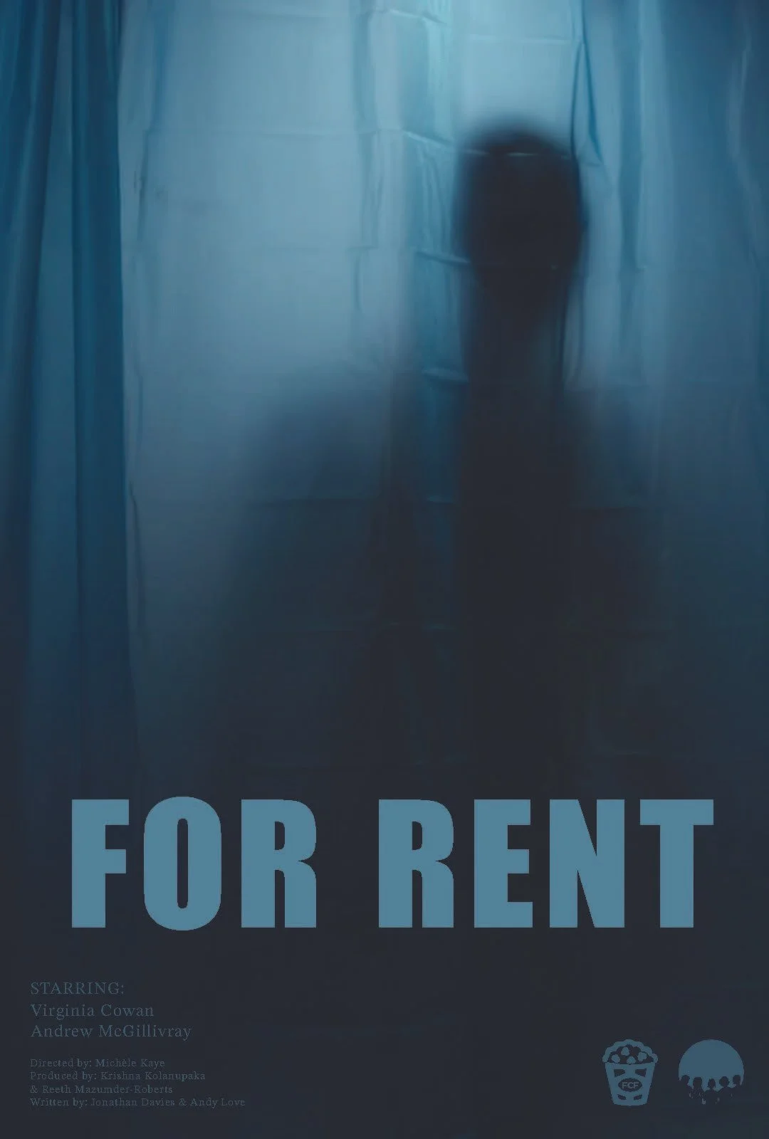 Movie poster with the title 'For Rent' at the top, featuring a man looking through a wheel or circular object with a partial grin showing teeth, and text listing Virginia Cowan and Andrew McGillivray as stars.