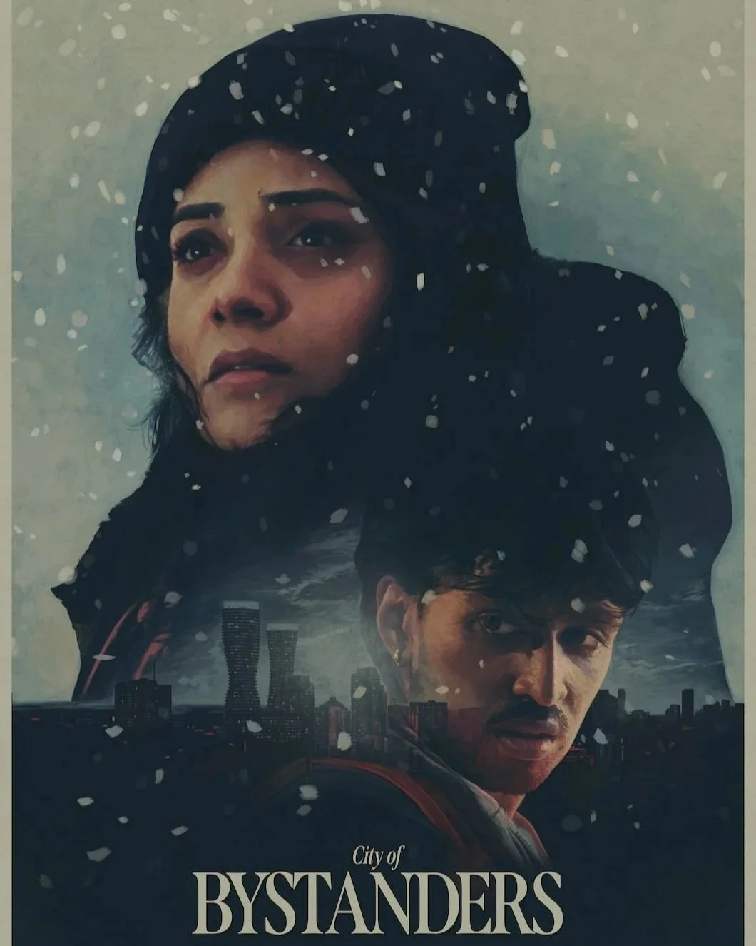 Poster for the show 'City of Bystanders' featuring a woman and a man with a cityscape in the background and falling snow.