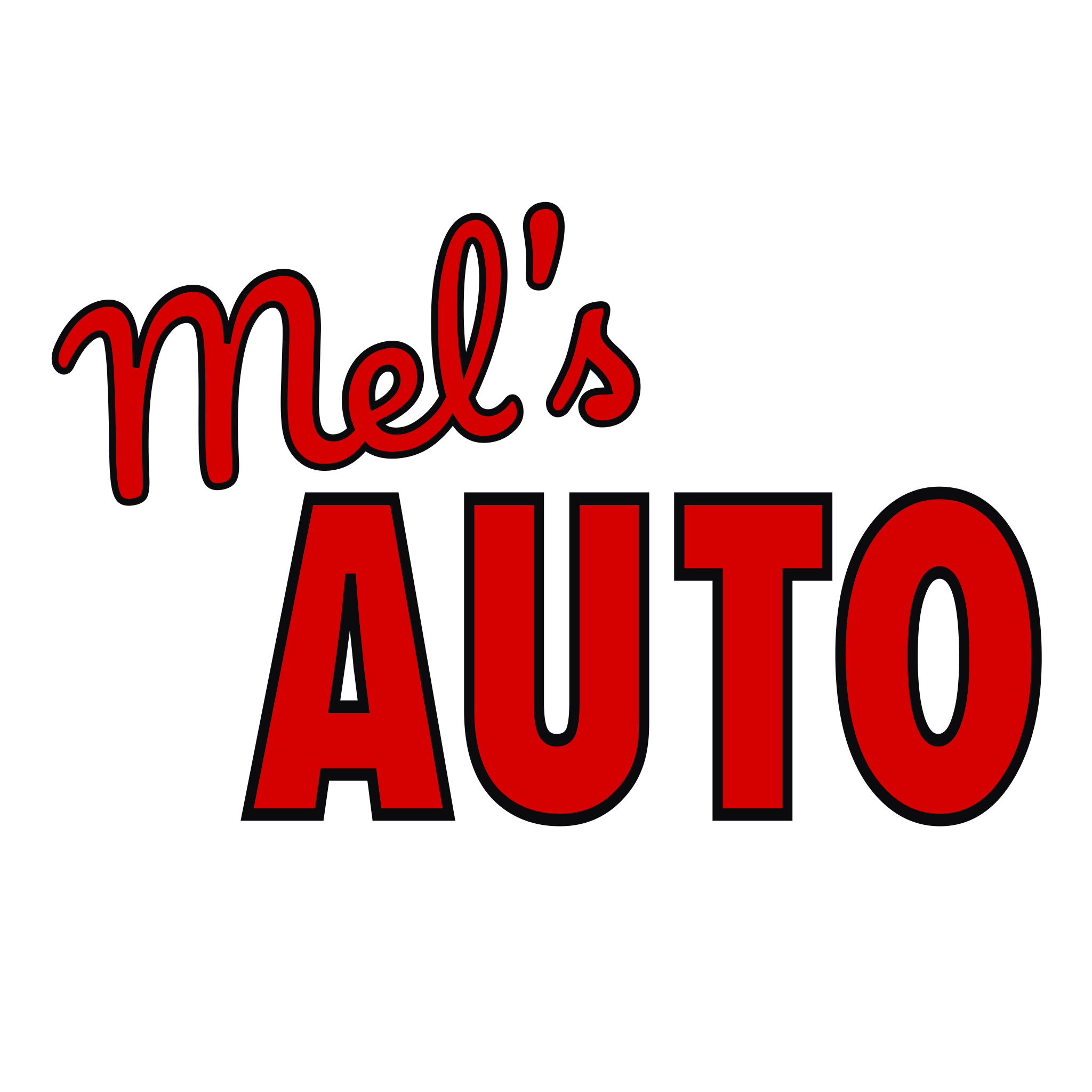 Mel's Auto sign with red and black lettering on a black background.