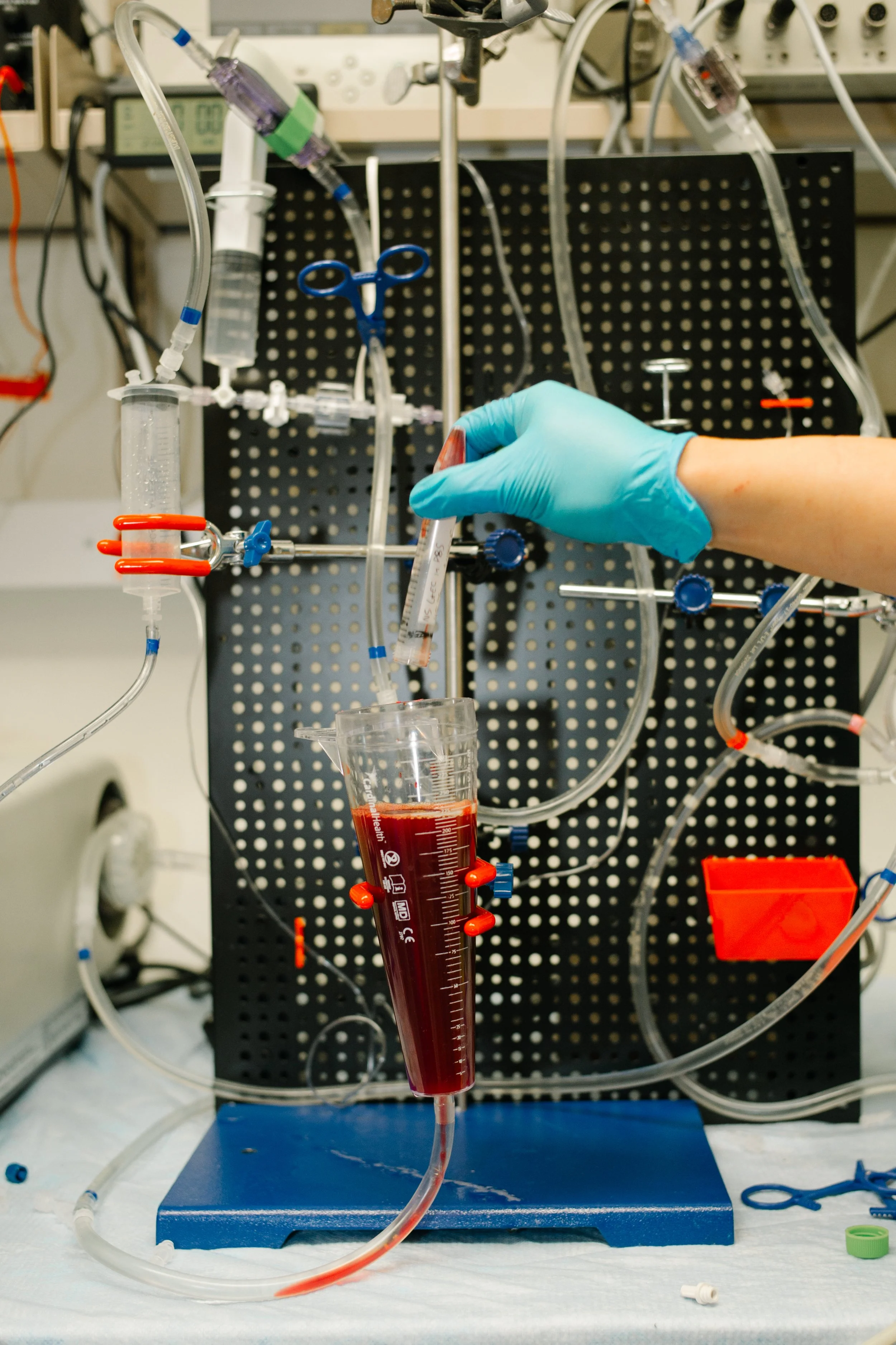 A researcher wearing a blue glove handles a test tube filled with a reddish liquid in a laboratory setup with various glassware, tubing, and equipment.