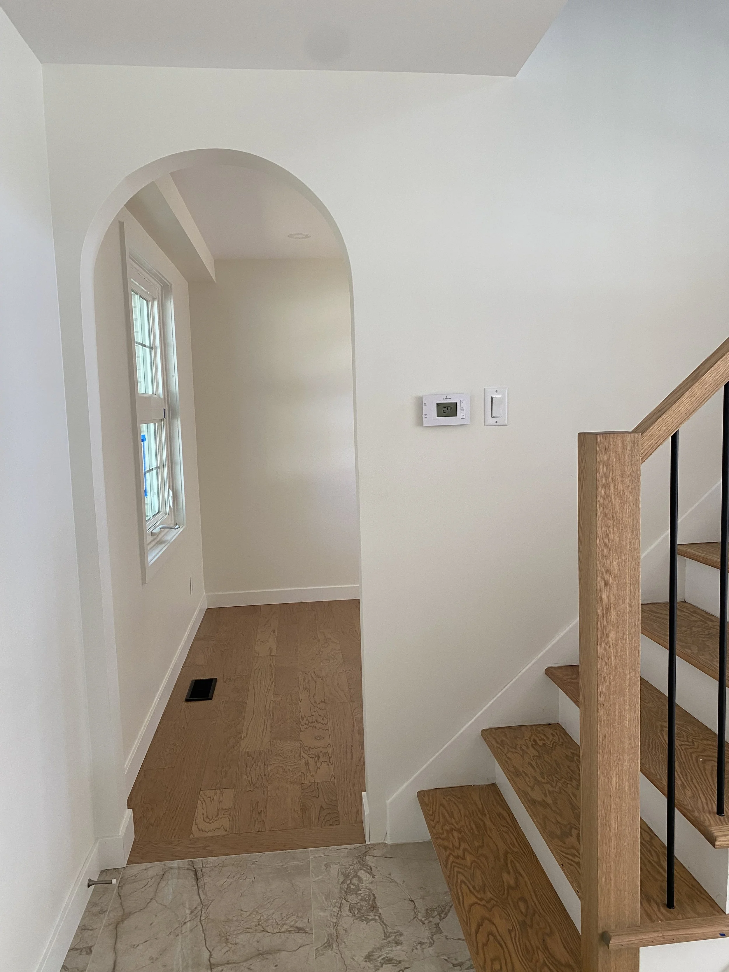 Shampoo and conditioner bottles labeled on a shower niche wall, with a scrubbing brush in front.