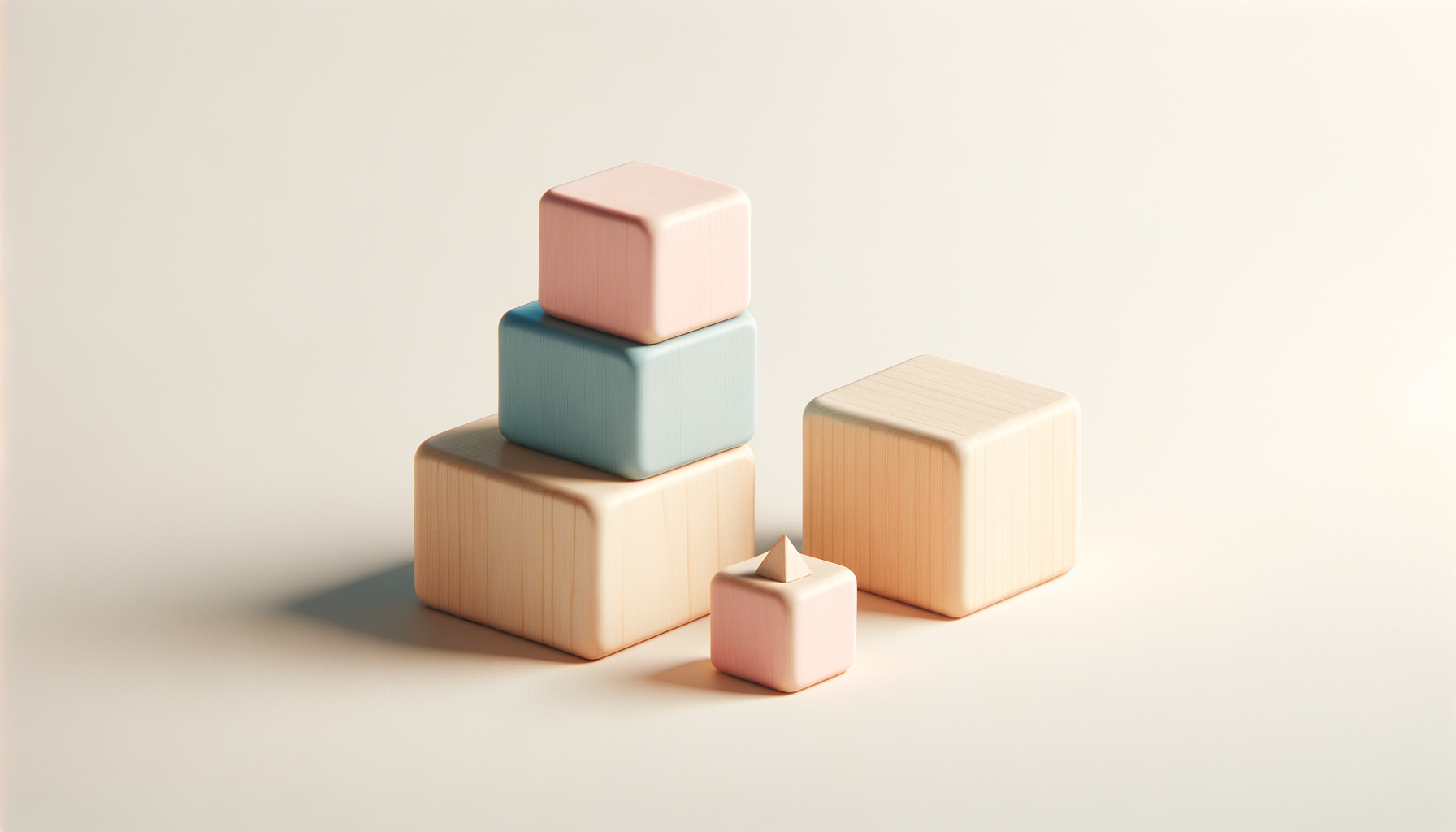 Colorful wooden stacking blocks of various sizes arranged on a plain surface.