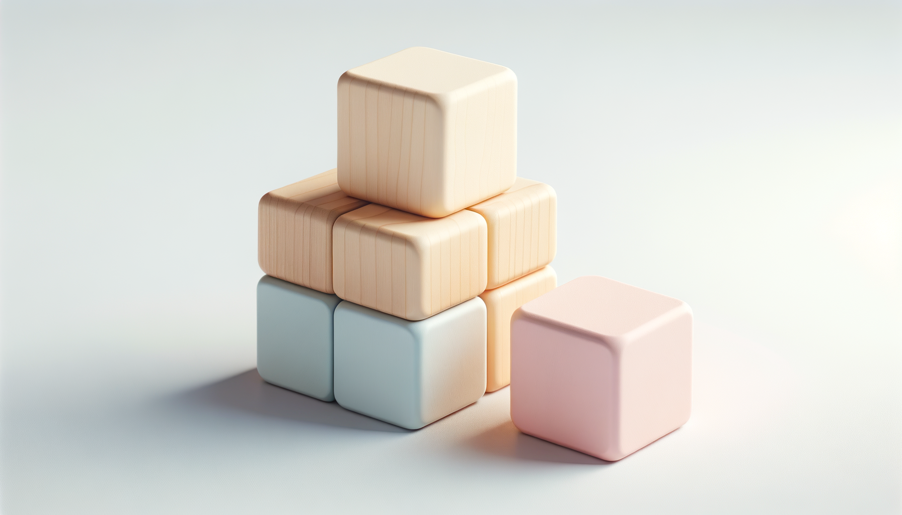 Stacked pastel-colored cubes, with one pink cube separate in front, on a white background.