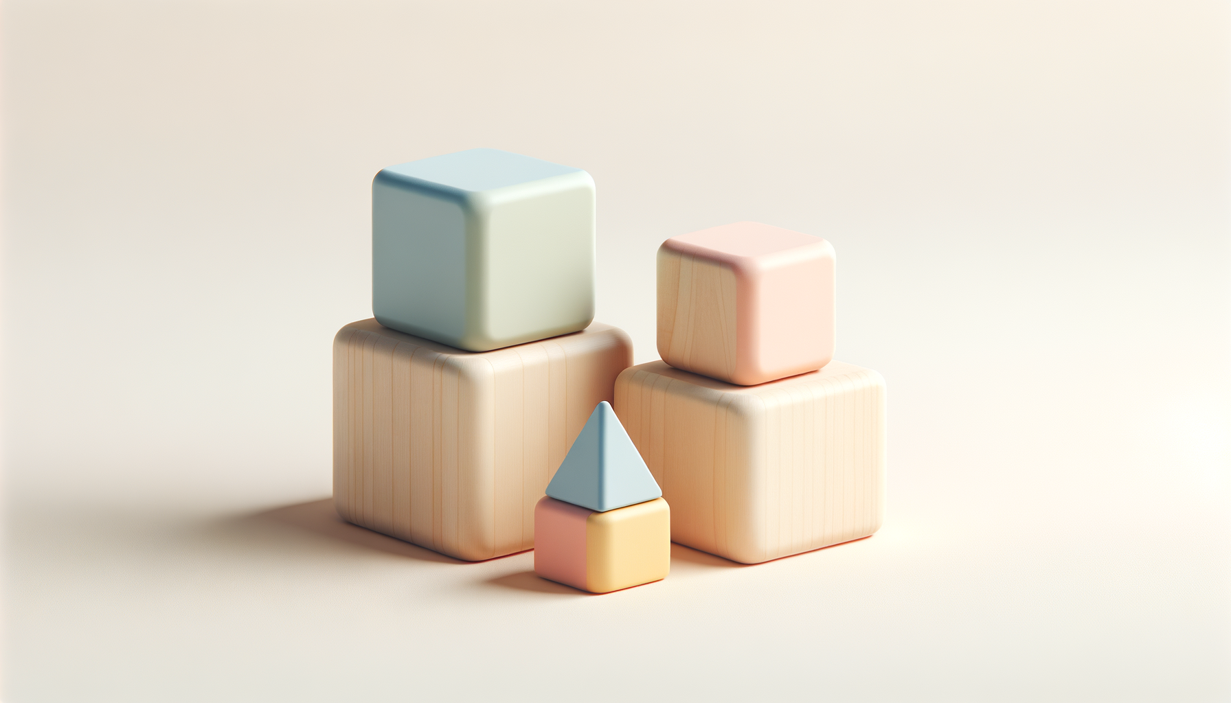 Colorful wooden and plastic building blocks stacked on a neutral background.