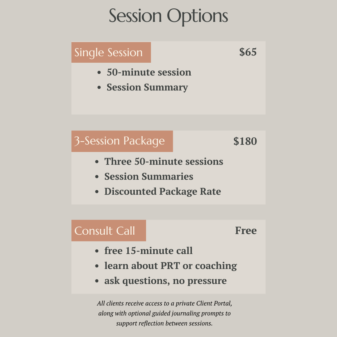 Pricing for Pain Reprocessing Therapy and Life Coaching sessions with Amberleigh Maida, including single sessions and multi-session packages.