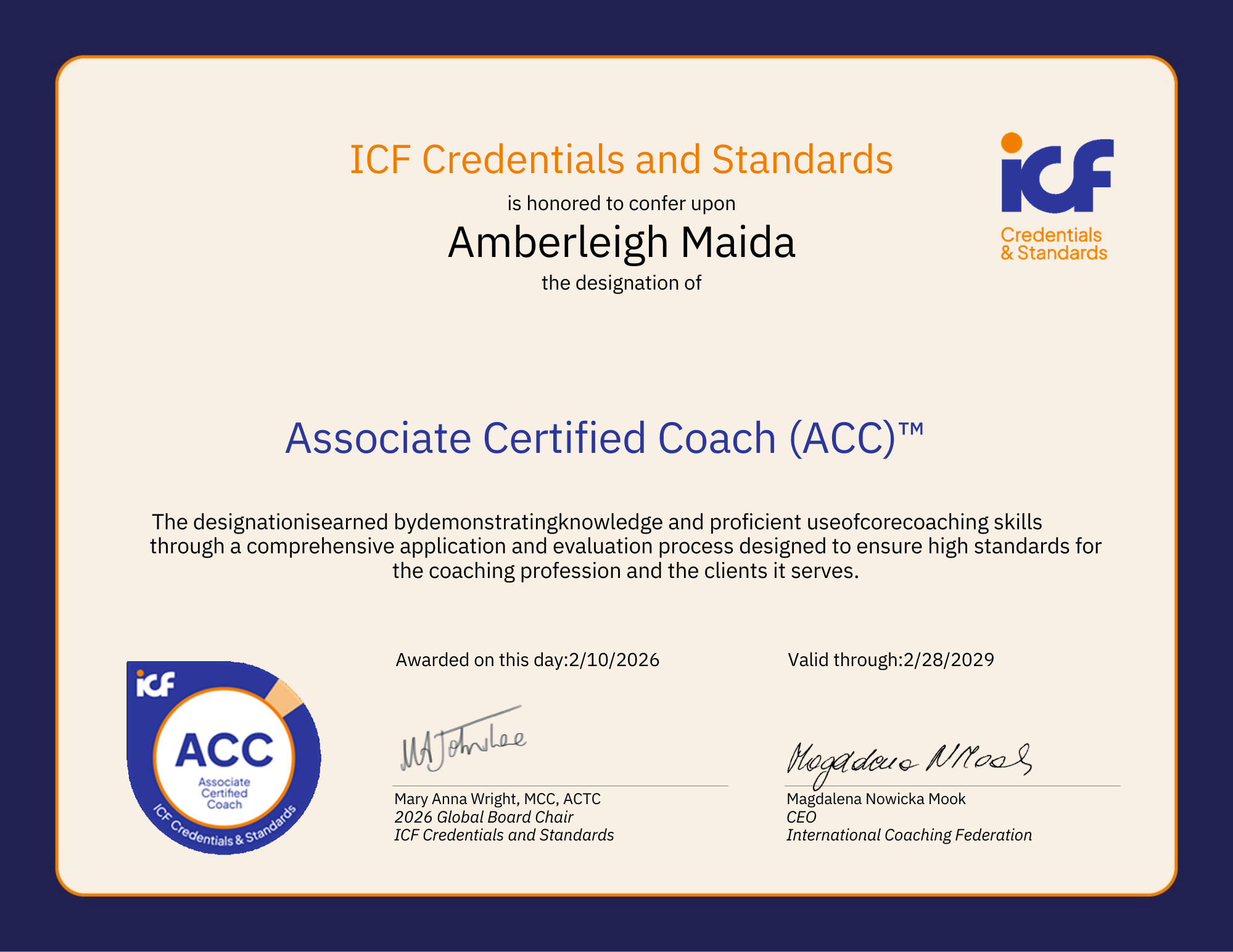 Associate Certified Coach (ACC) credential badge from the International Coaching Federation awarded to Amberleigh Maida.
