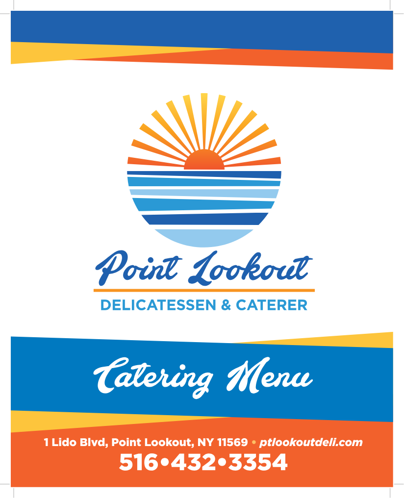 Catering menu flyer for Point Lookout Delicatessen & Caterer with a sunset over water graphic, using blue, orange, and yellow colors.