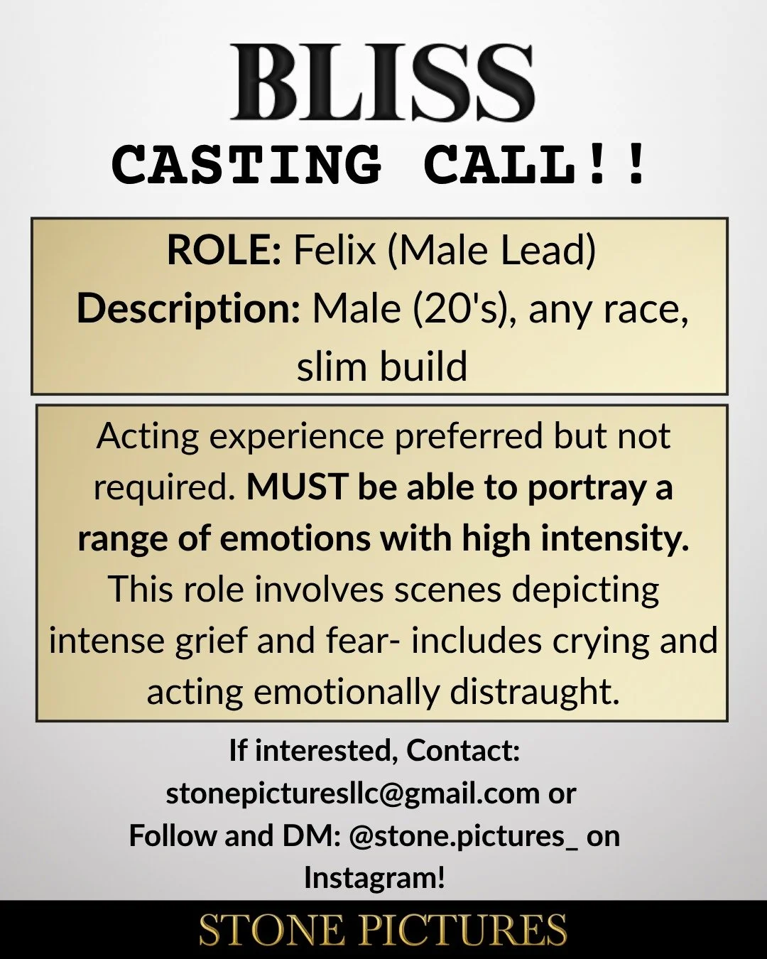 CASTING CALL! We're looking for an actor to play the Male Lead role of Felix in our upcoming film, BLISS!

Spread the word and contact stonepicturesllc@gmail.com if interested.

Let's make a movie.