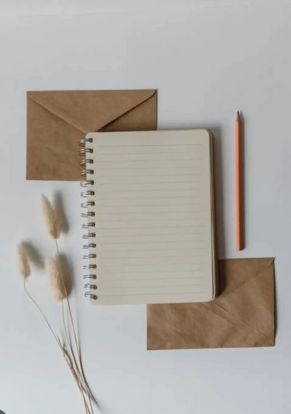 Flat lay of a notepad, two brown envelopes, a peach-colored pencil, and three dried beige flowers on a white background.