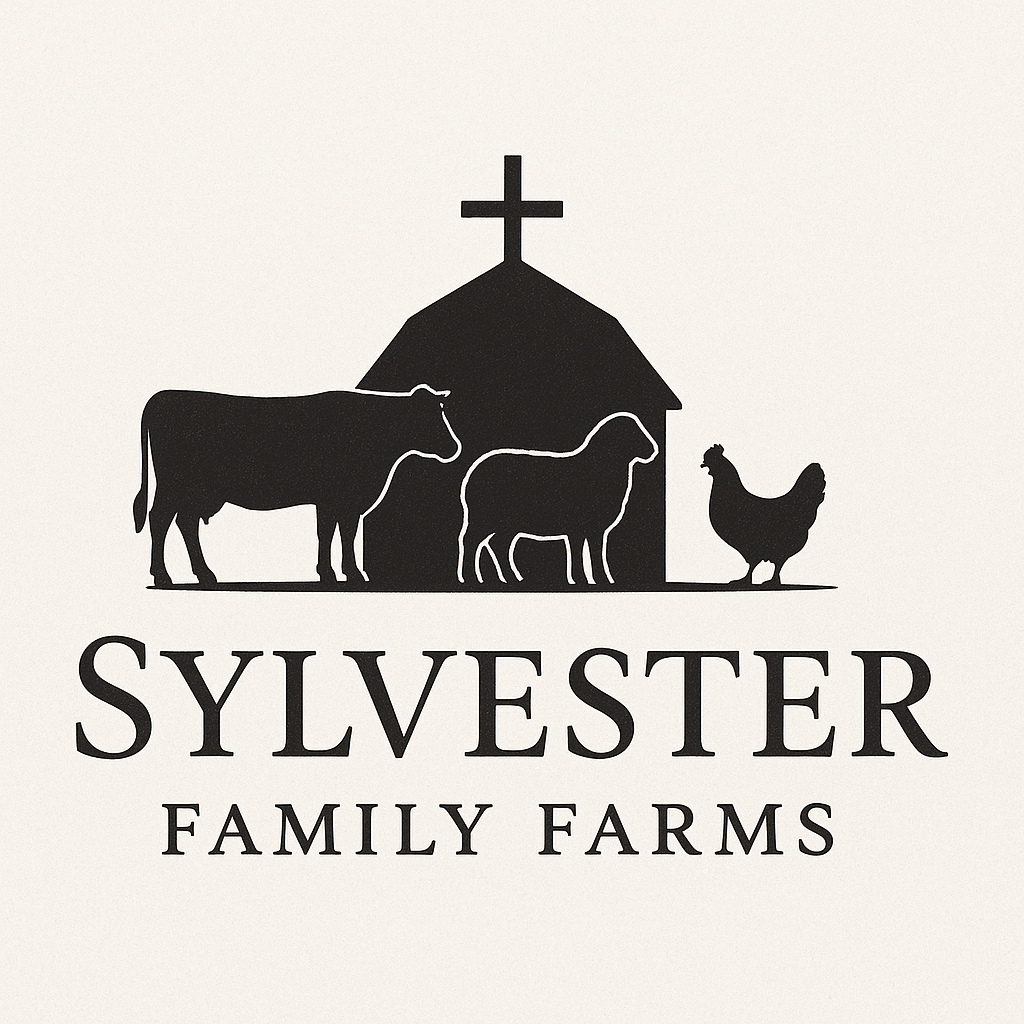 Silhouette of farm animals (cow, sheep, chicken) in front of a barn with a cross on top, and the text "Sylvester Family Farms" below.
