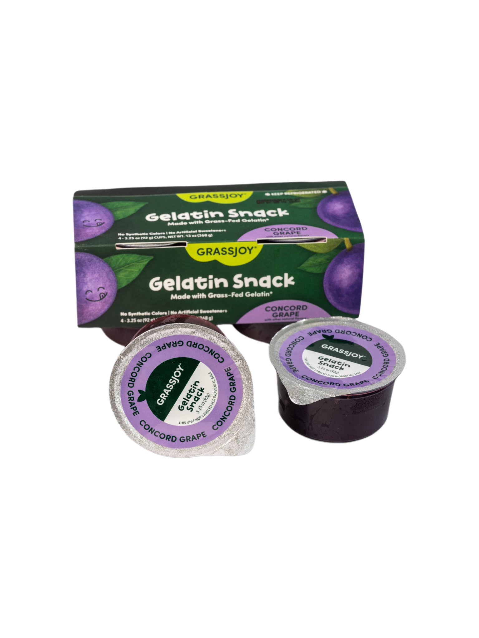 Package of Grassjoy grass-fed grape flavored gelatin snack with two cups of purple gel inside. Package features smiling grape illustration and text indicating no added sugar.