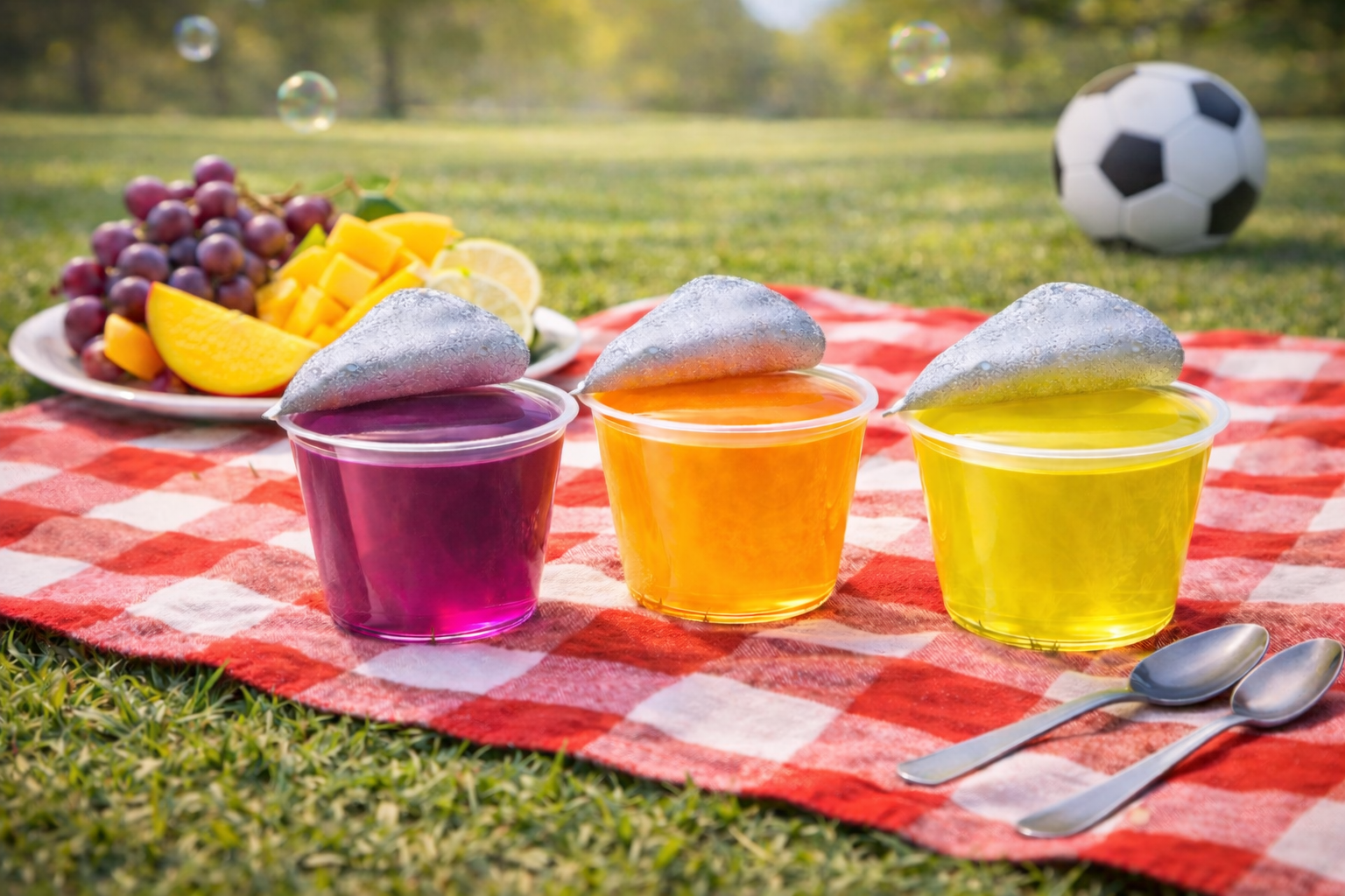 clean-label gelatin snack cups in three flavors on a picnic blanket