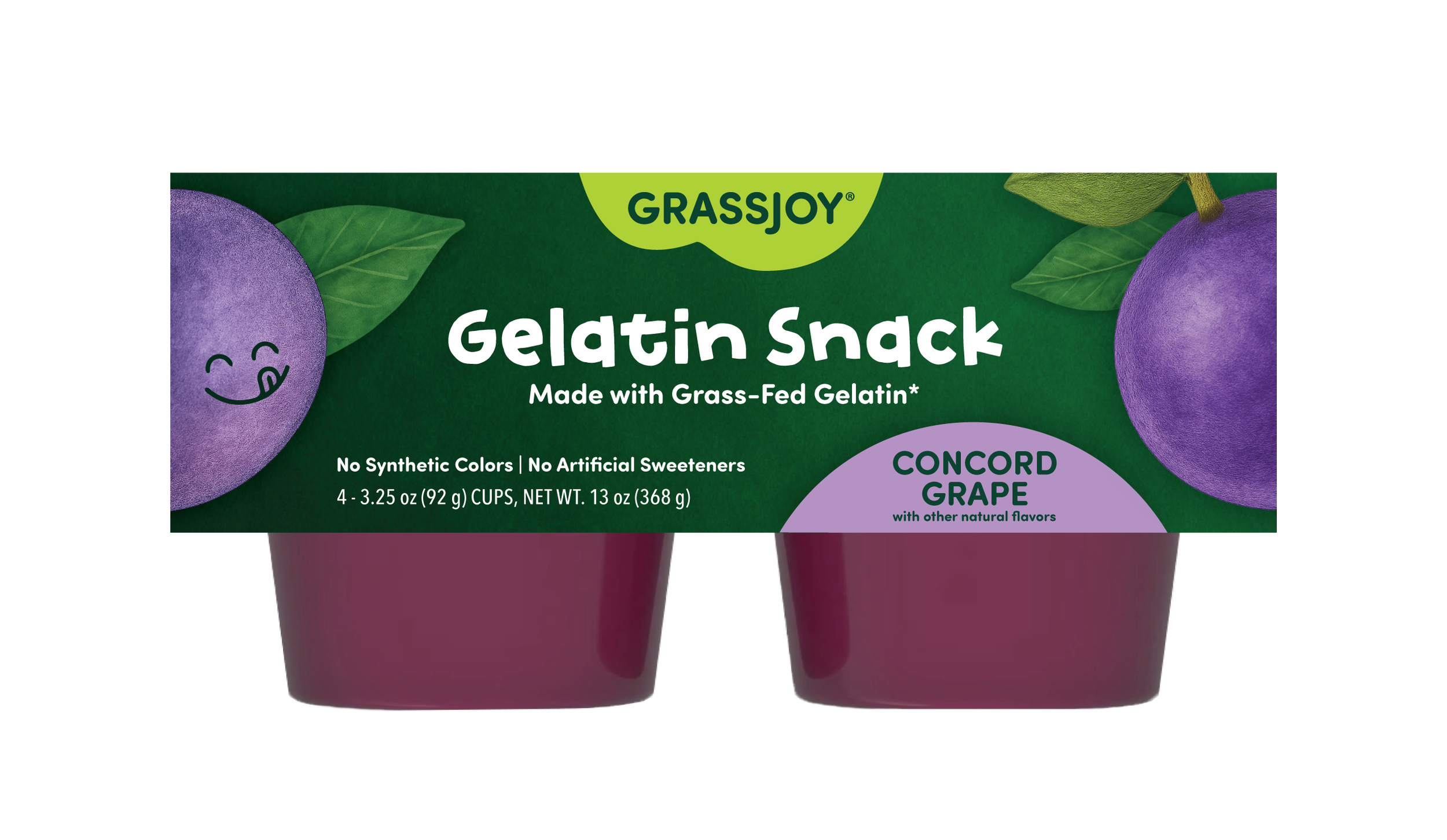 Package of Grassjoy grass-fed grape flavored gelatin snack with two cups of purple gel inside. Package features smiling grape illustration and text indicating no added sugar.