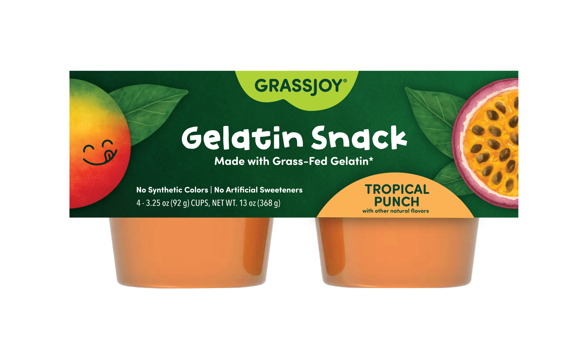 Package of GrassJoy grass-fed gelatin snack in tropical punch flavor, featuring a smiling mango illustration and a halved passion fruit on the label. Contains four cups, no added sugar, no artificial ingredients.