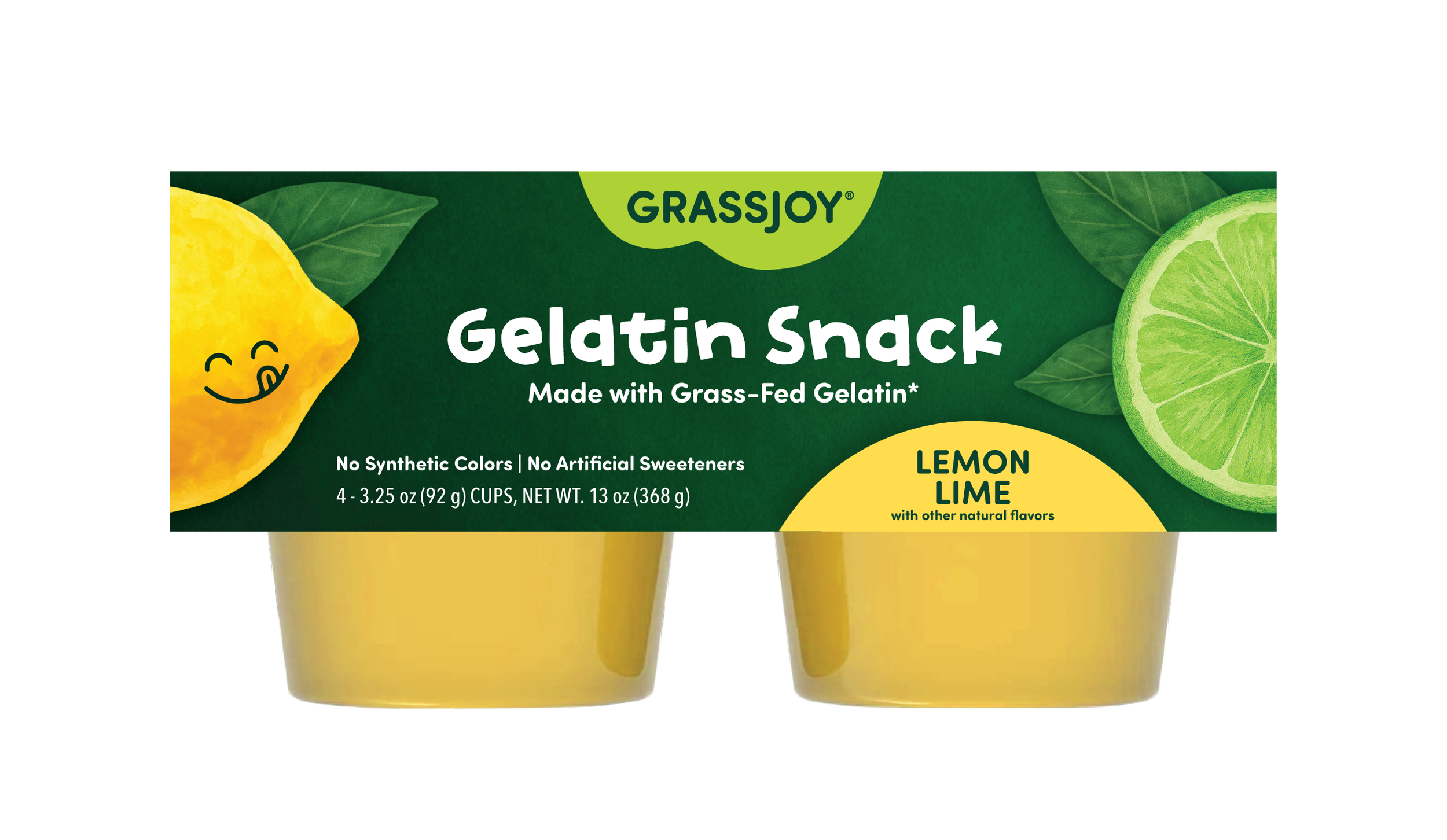 Box of GrassJoy grass-fed gelatin snack with lemon and lime flavor, featuring a smiling lemon illustration and a lime half on the packaging.