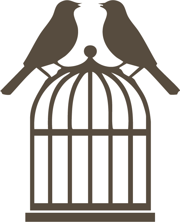 Silhouette of two birds perched on top of a birdcage.