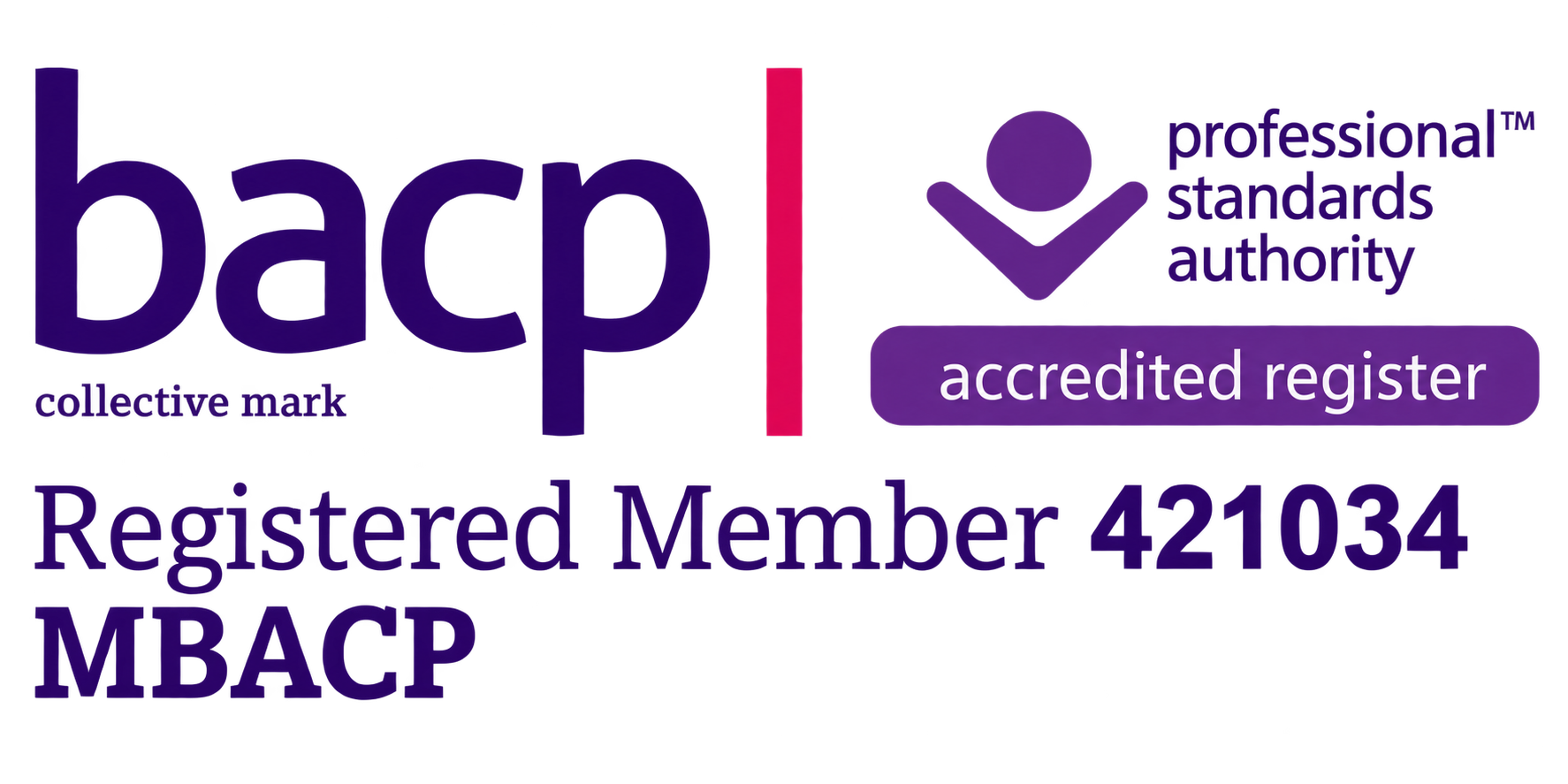 The image features the logo for a professional accreditation organization, with the word 'bap' in large purple letters. To the right, there is a checklist icon with a checkmark and the words 'professional standards authority.' Below, a purple oval contains the words 'accredited register.' Under that, the text reads 'Registered Member 421034,' and the bottom left includes the acronyms 'MBACP,' indicating membership with the British Association for Counselling and Psychotherapy.