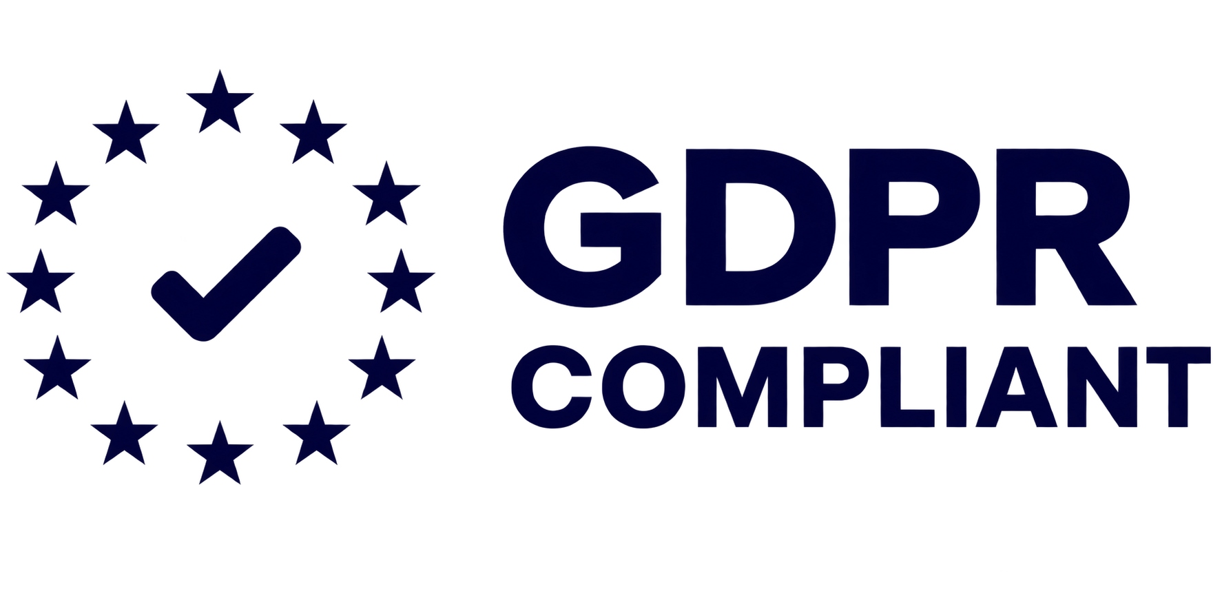 GDPR compliance logo with a check mark inside a shield, surrounded by a circle of stars, and the text 'GDPR Compliant' in bold letters.