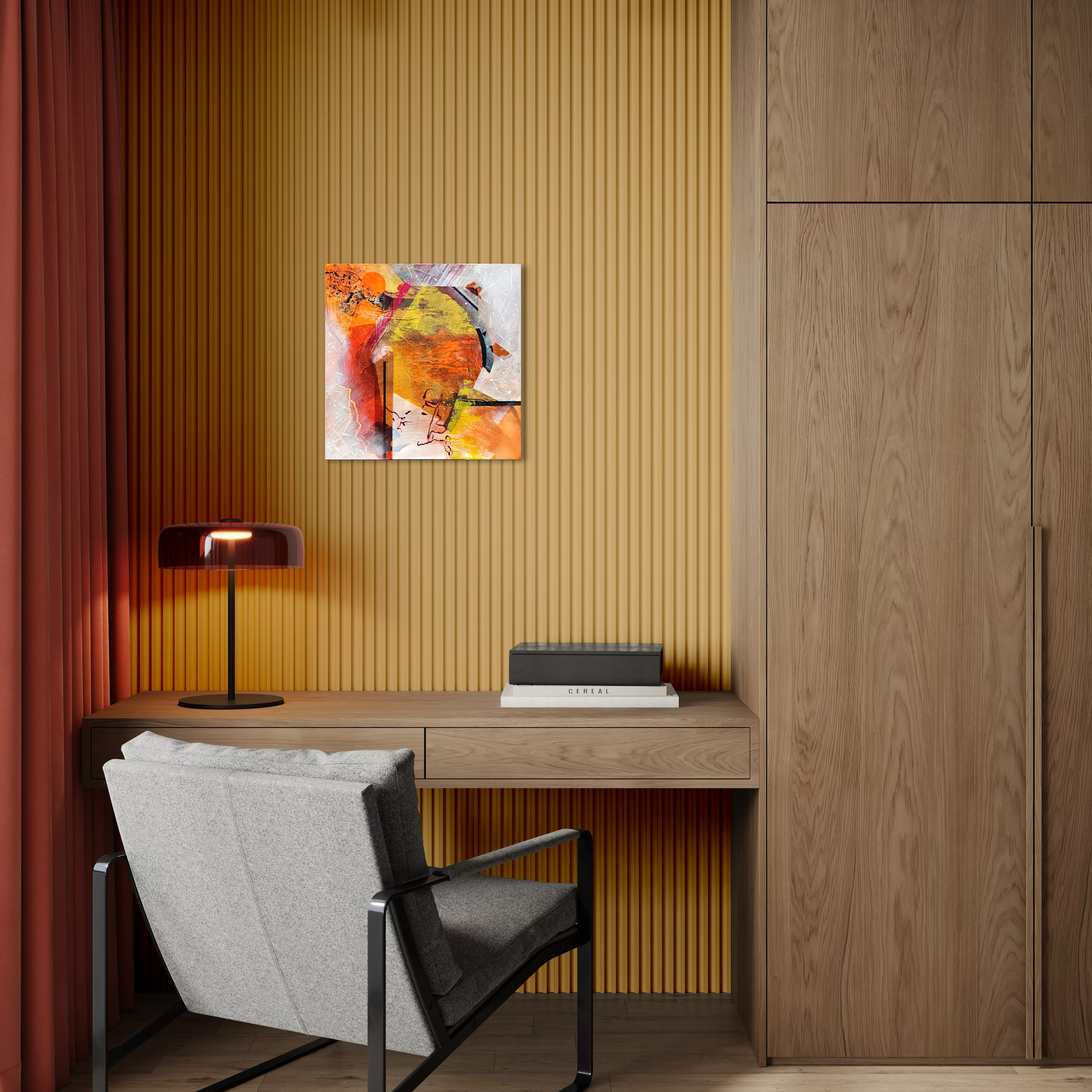 Modern home office with a wooden desk, gray chair, abstract artwork on yellow textured wall, black table lamp, and stacked books.