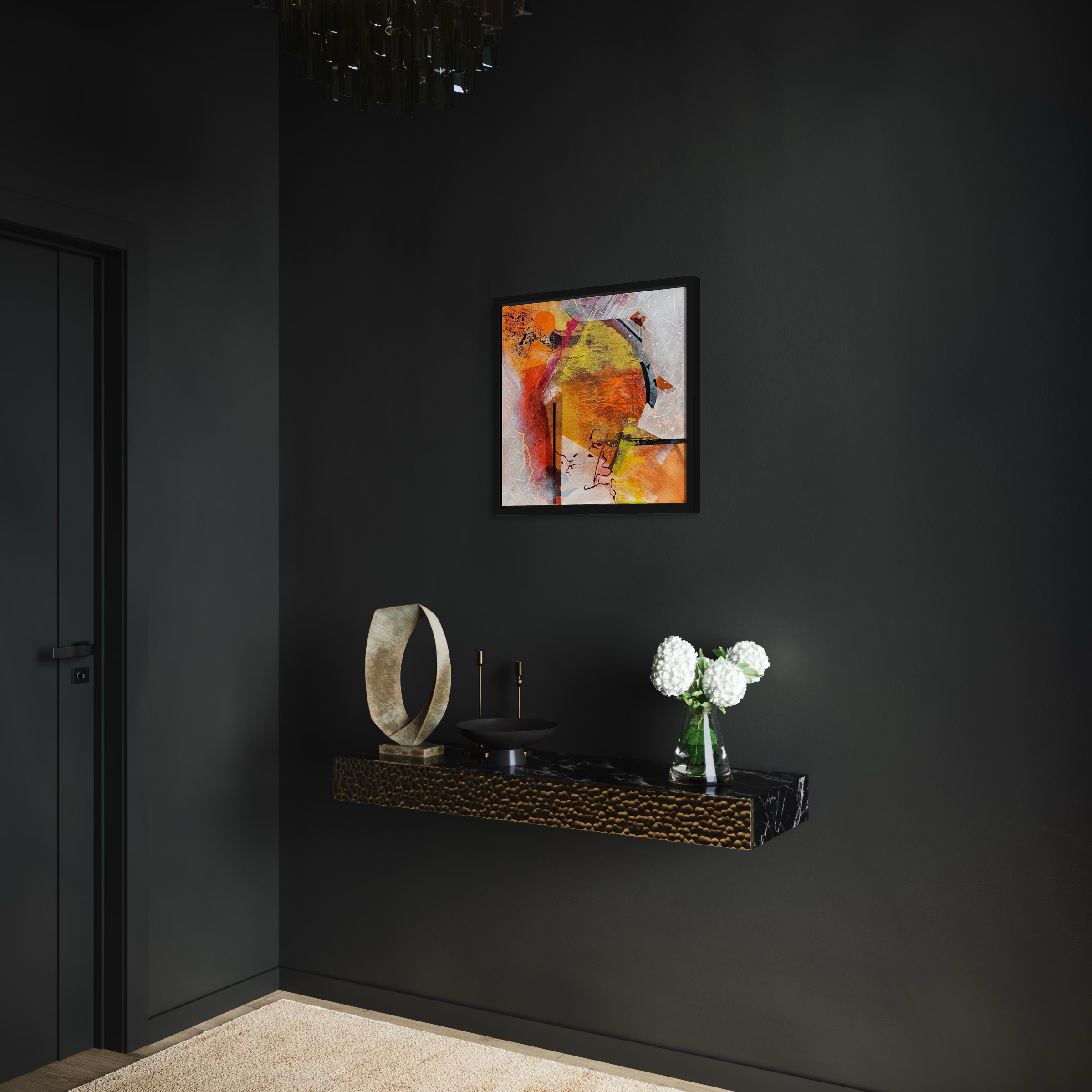 Modern black wall with artwork, a floating shelf with decorative objects, a glass vase with white flowers, and a beige carpet