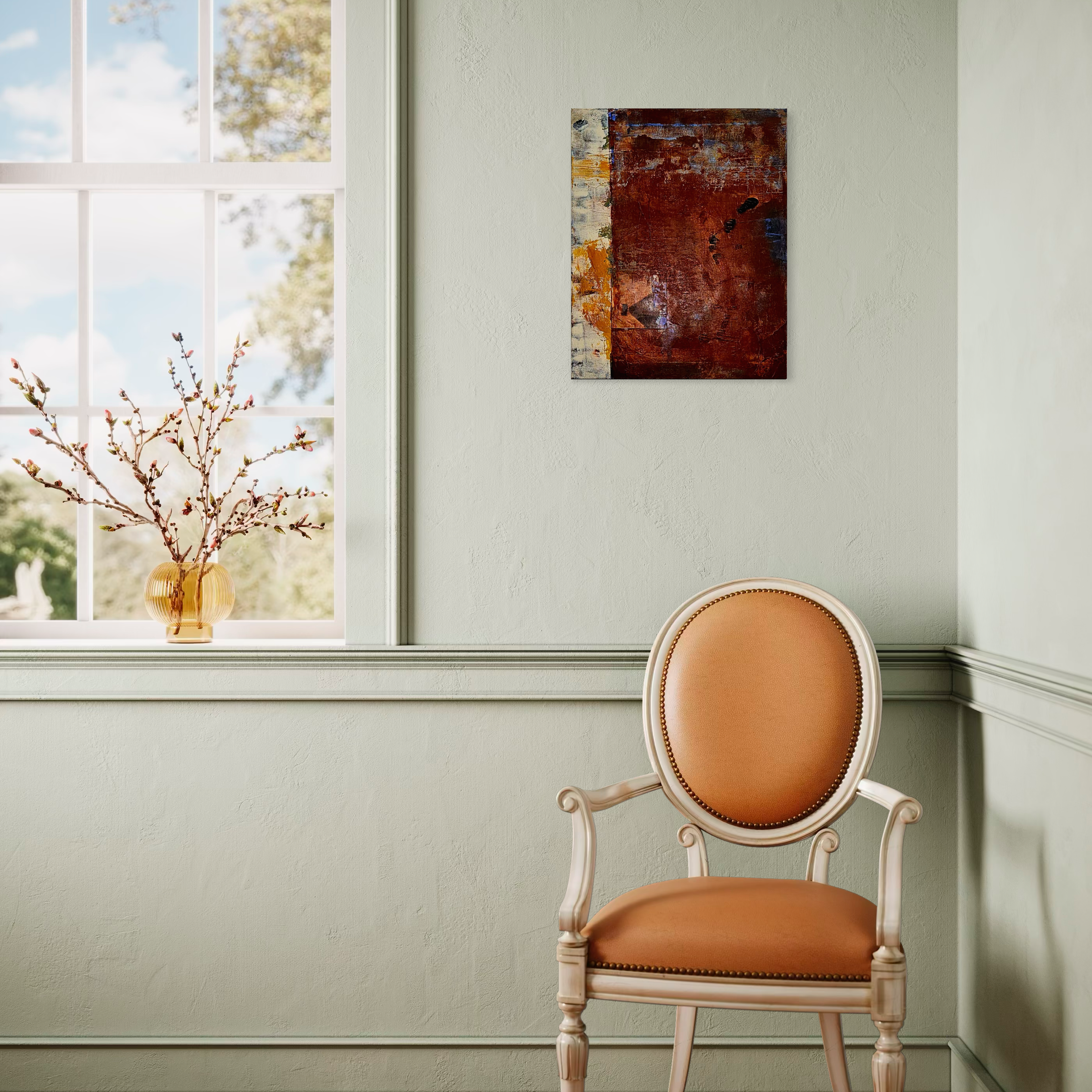 An orange upholstered armchair with white wooden frame in a corner of a room with light green walls, a window with a view of trees and sky, a yellow vase with branches on the windowsill, and an abstract painting on the wall