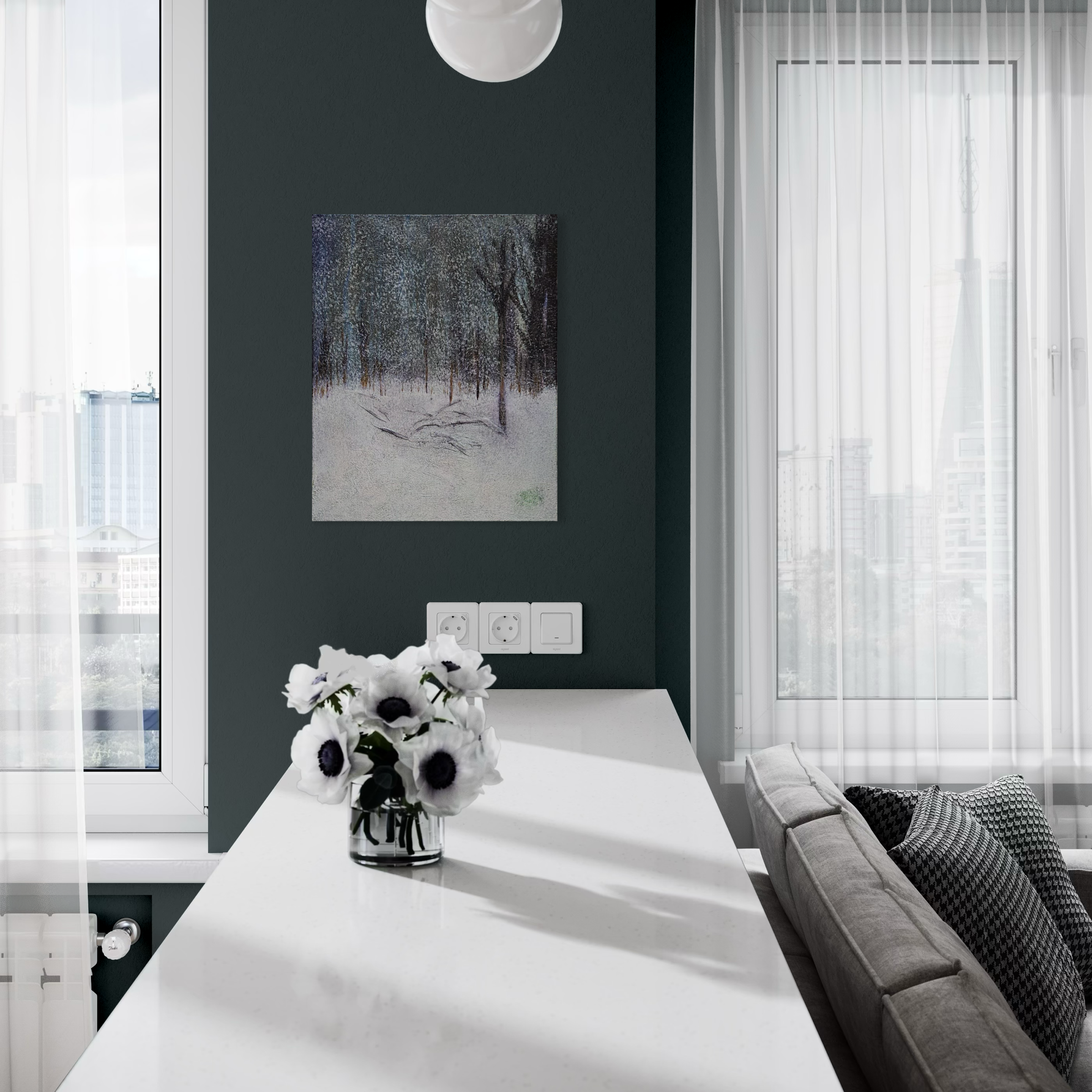 Modern living room with white curtains, dark accent wall, painting of a winter landscape, white flowers in a vase on table, gray couch with black and white pillows, city view outside windows.