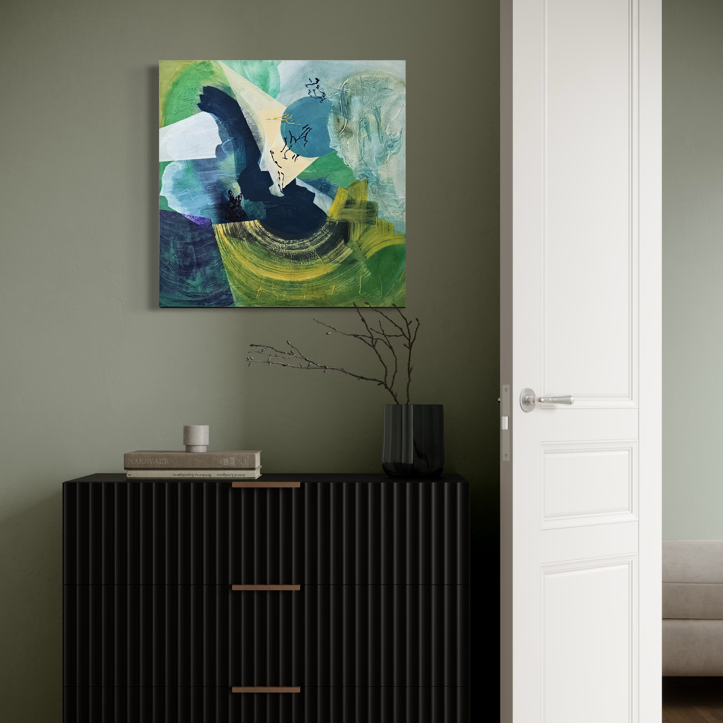 Modern interior with green wall, abstract colorful painting, black textured sideboard, black vase with branches, and books on the sideboard.