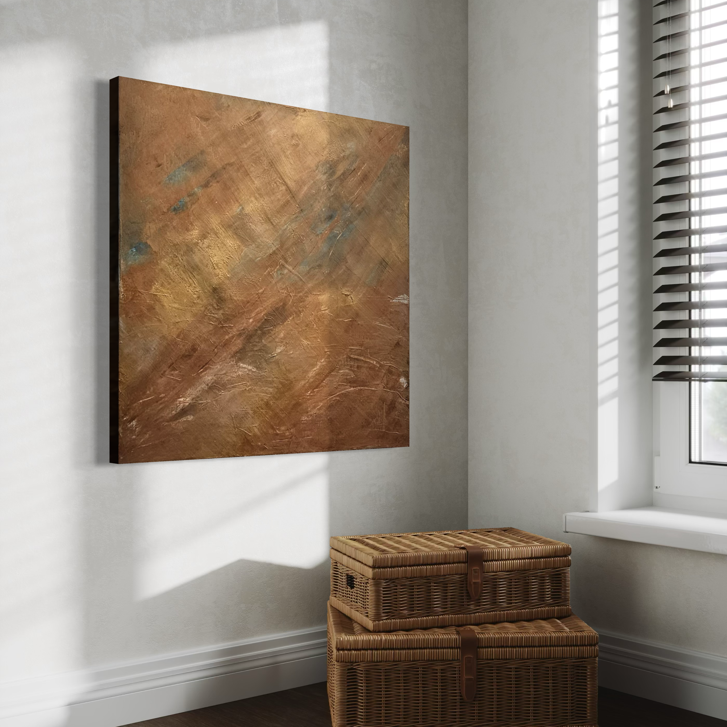 Interior of a room with a textured abstract painting on the wall, a window with blinds, and a wicker storage chest.