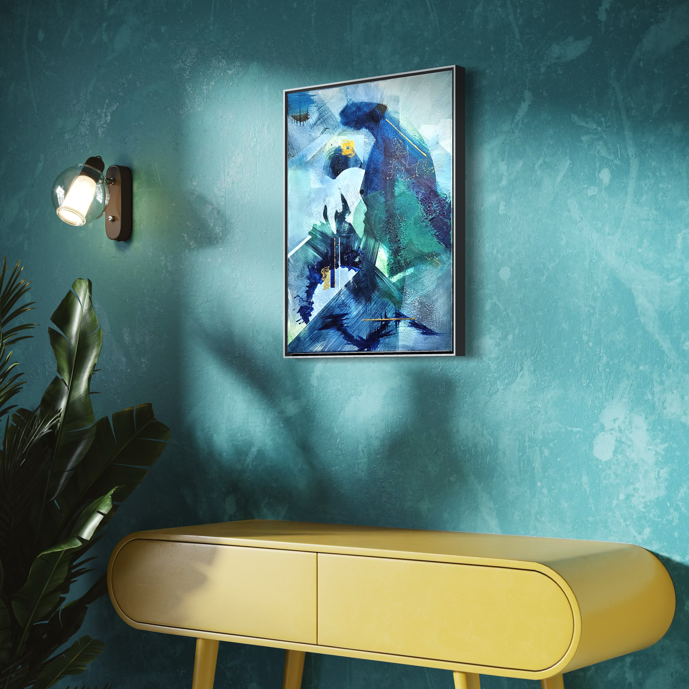 Contemporary interior with teal textured wall, yellow console table, abstract artwork of a blue bird, wall-mounted light fixture, and a green houseplant.