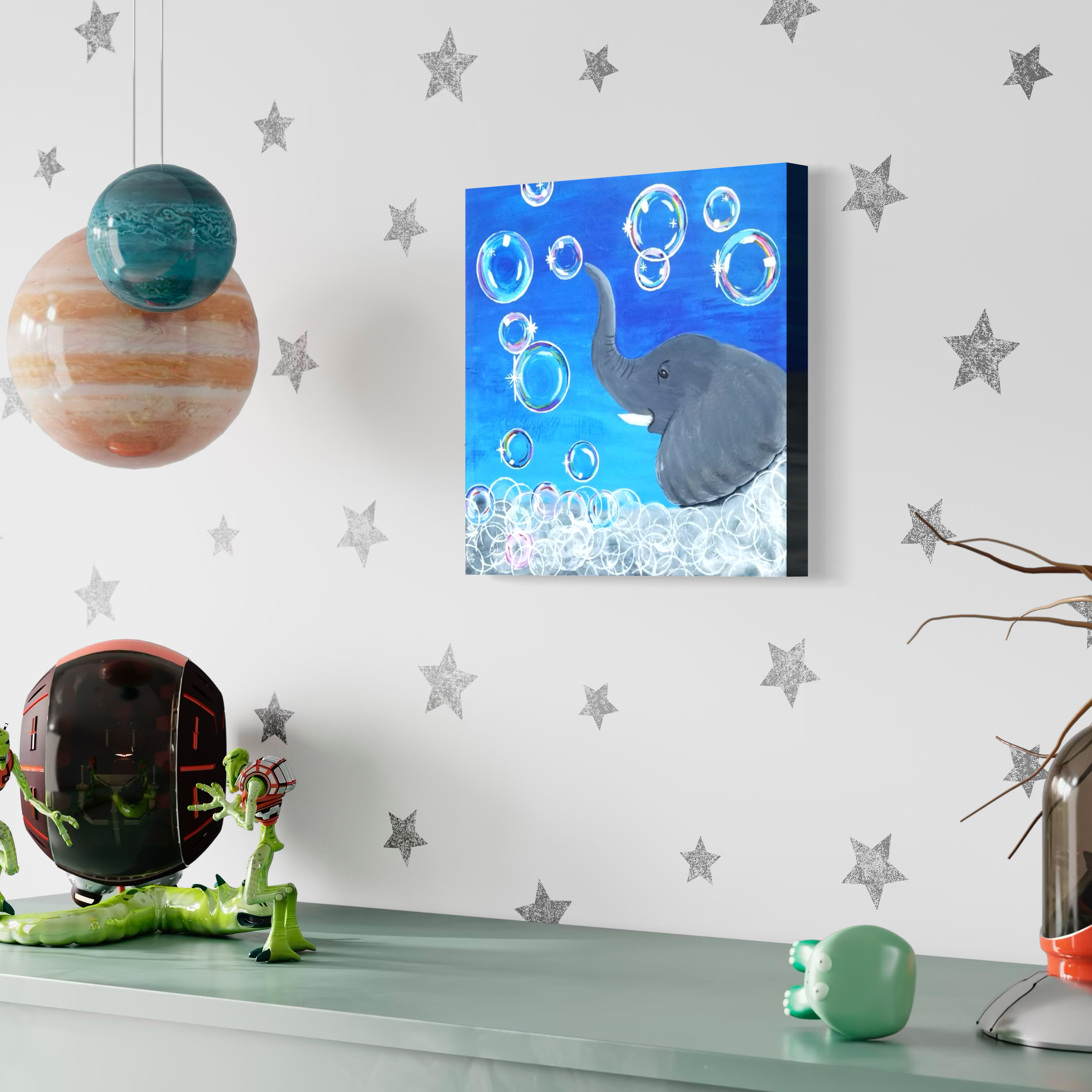 A space-themed room with model planets, a painting of an elephant with bubbles, and a robot figure on a shelf with star decorations on the wall.