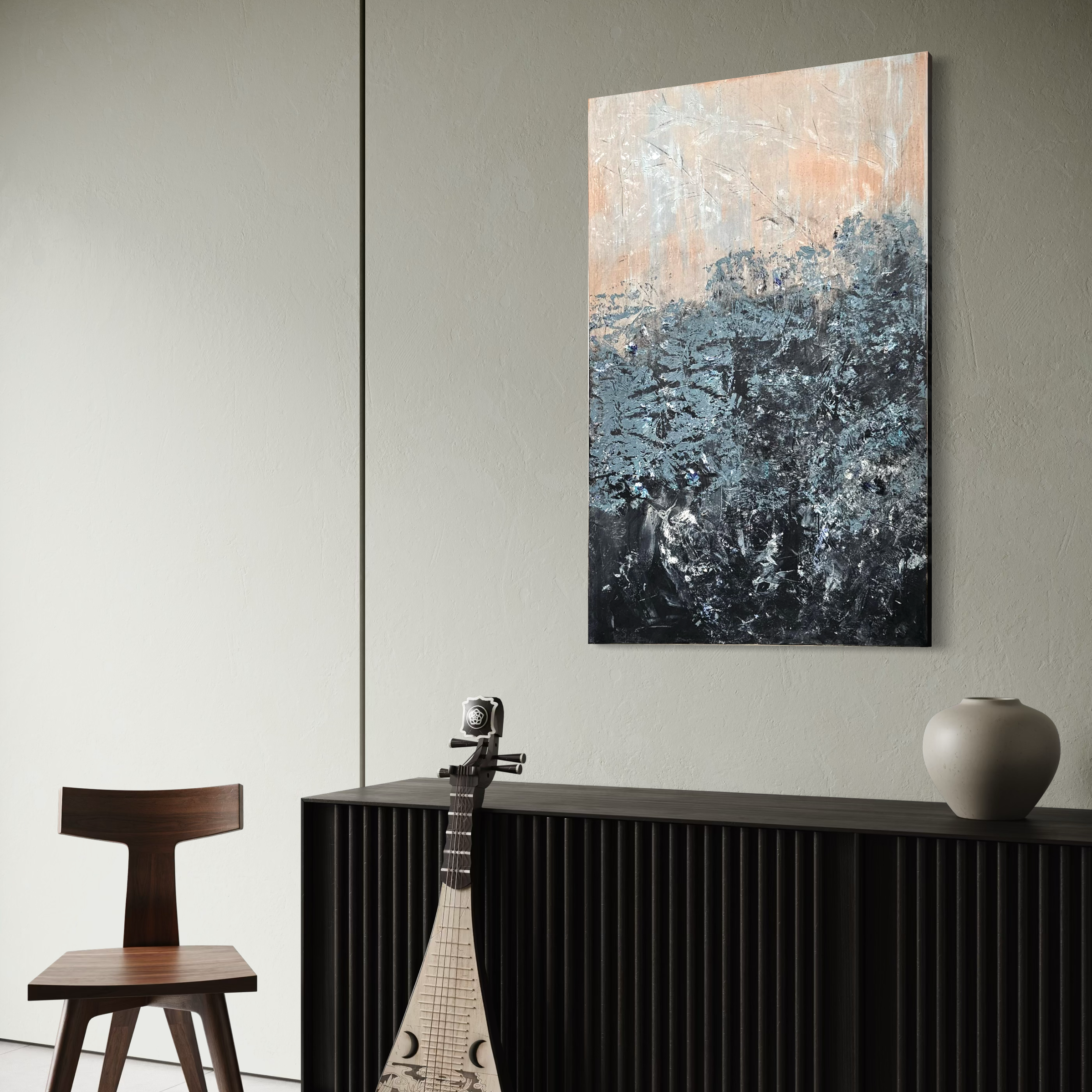 Modern interior with a black cabinet against a light wall, a wooden chair, a guitar, a beige vase, and an abstract painting with blue, black, and peach colors.