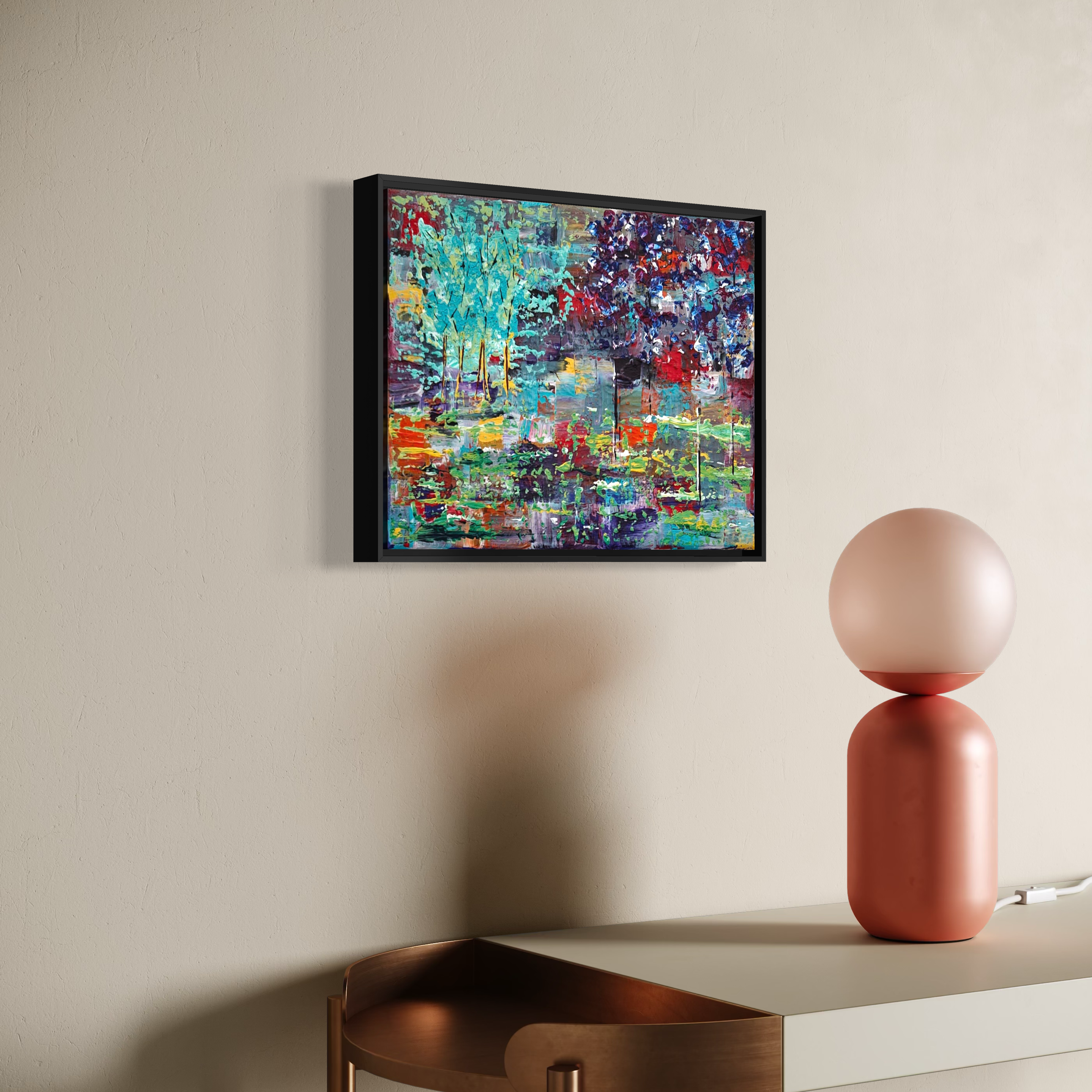 Colorful abstract painting hanging on a beige wall above a modern sideboard with a unique pink and white round sculpture on top.