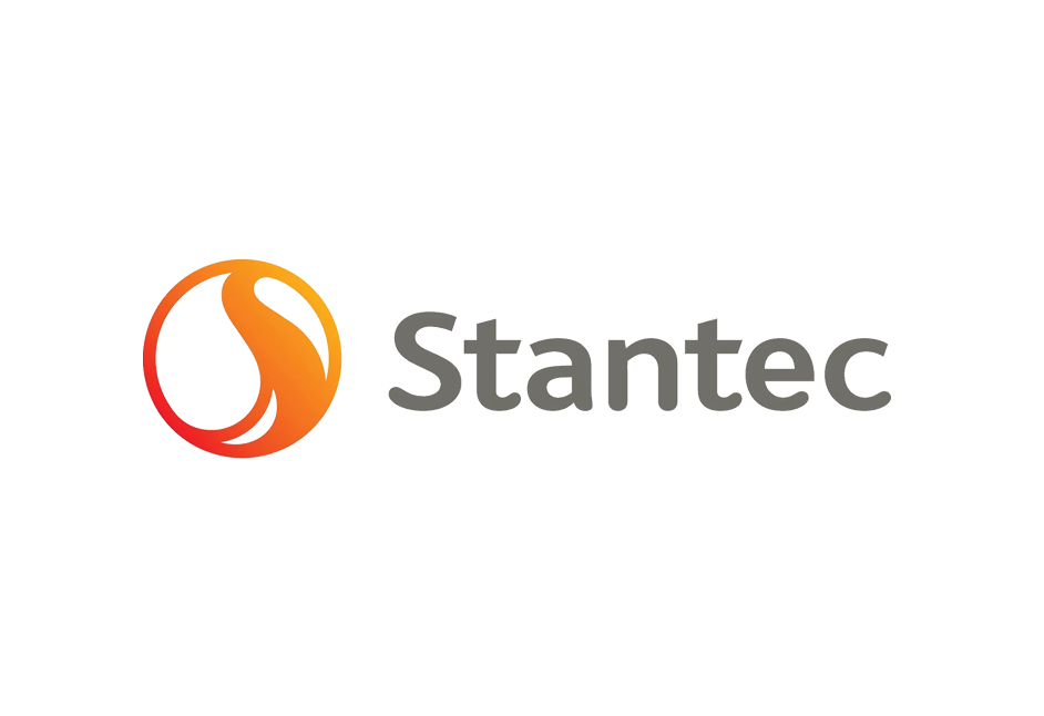 Stantec logo featuring an orange and red stylized flame symbol next to the company name in gray text.
