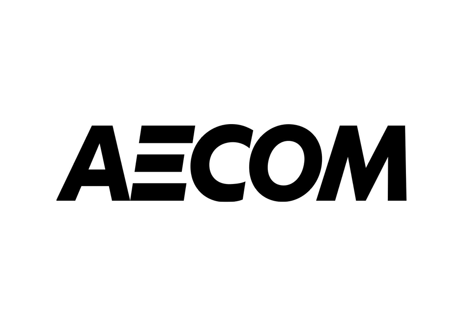 Black background with the white stylized text 'AECOM' in the center.