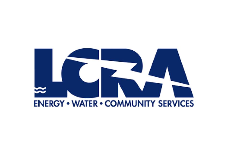Logo for LCRA, featuring large stylized text with a zigzag slash through it, and the words 'Energy, Water, Community Services' underneath.