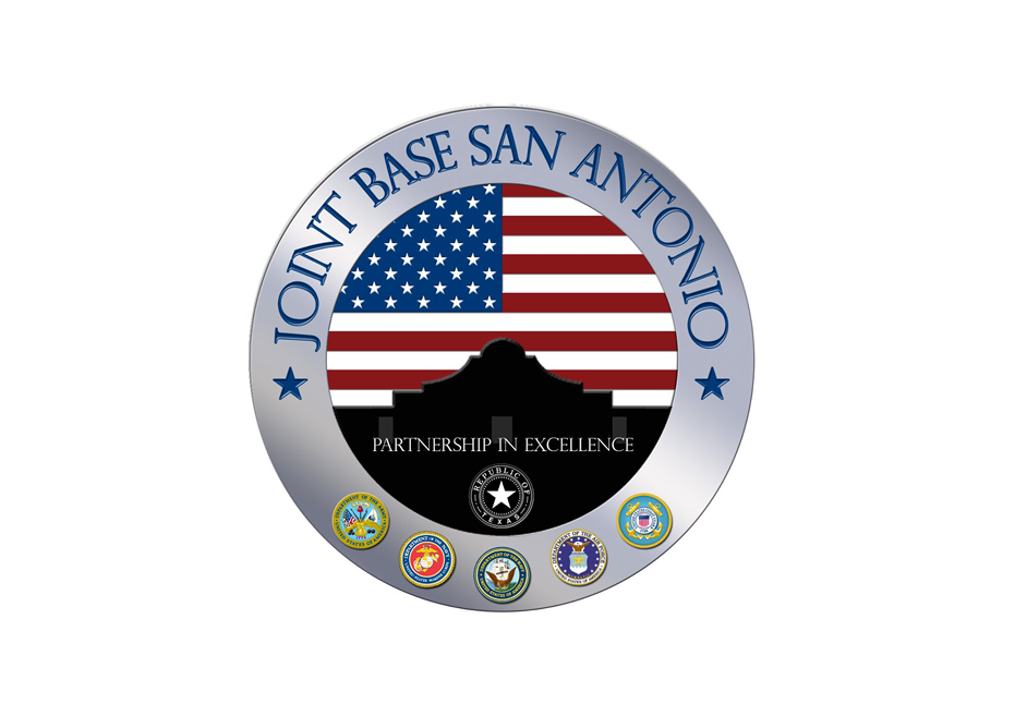 Emblem for Joint Base San Antonio featuring an American flag, a silhouette of a building, and six coat of arms at the bottom, with the motto "Partnership in Excellence."