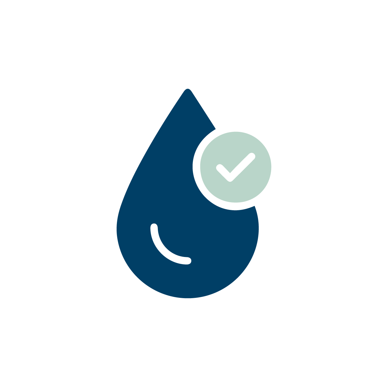 Illustration of a water droplet with a checkmark symbol overlapping the upper right part of the droplet, representing water quality or safety.