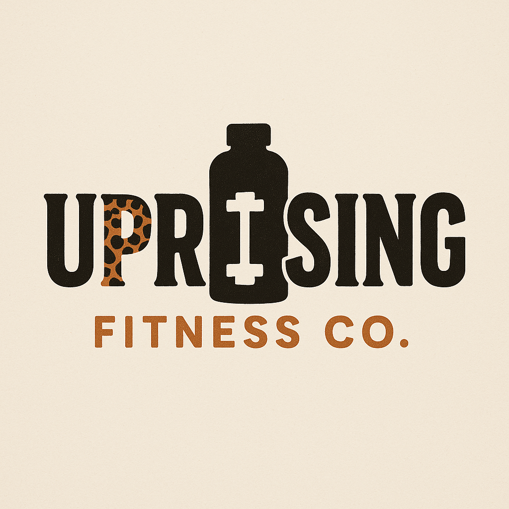 Logo for Up Rising Fitness Co. featuring bold black letters with a leopard pattern and a water bottle icon.